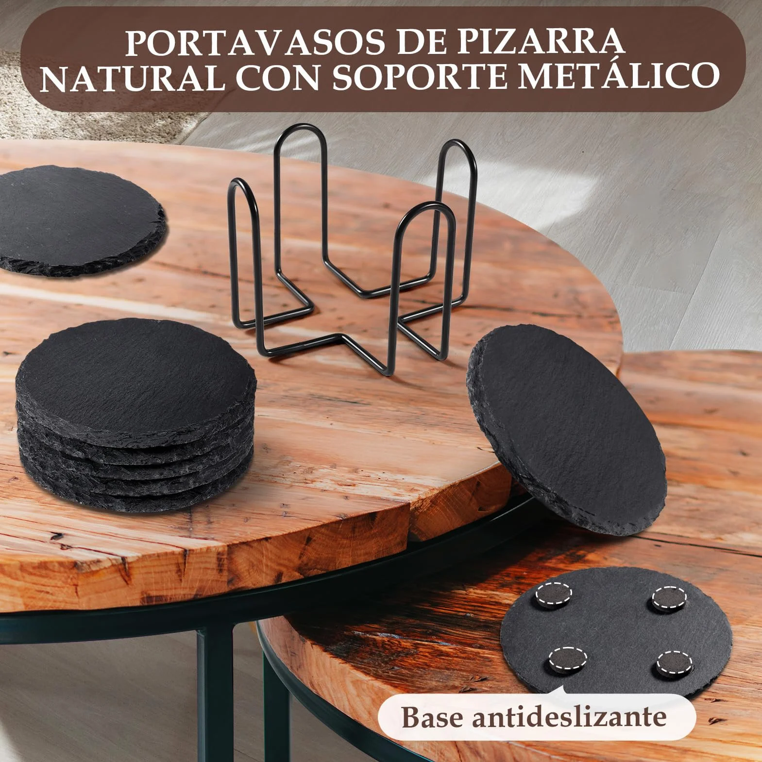 Portavasos De Pizarra con Soporte Metálico Set de 8 Unidades Redondos 4 Pulgadas