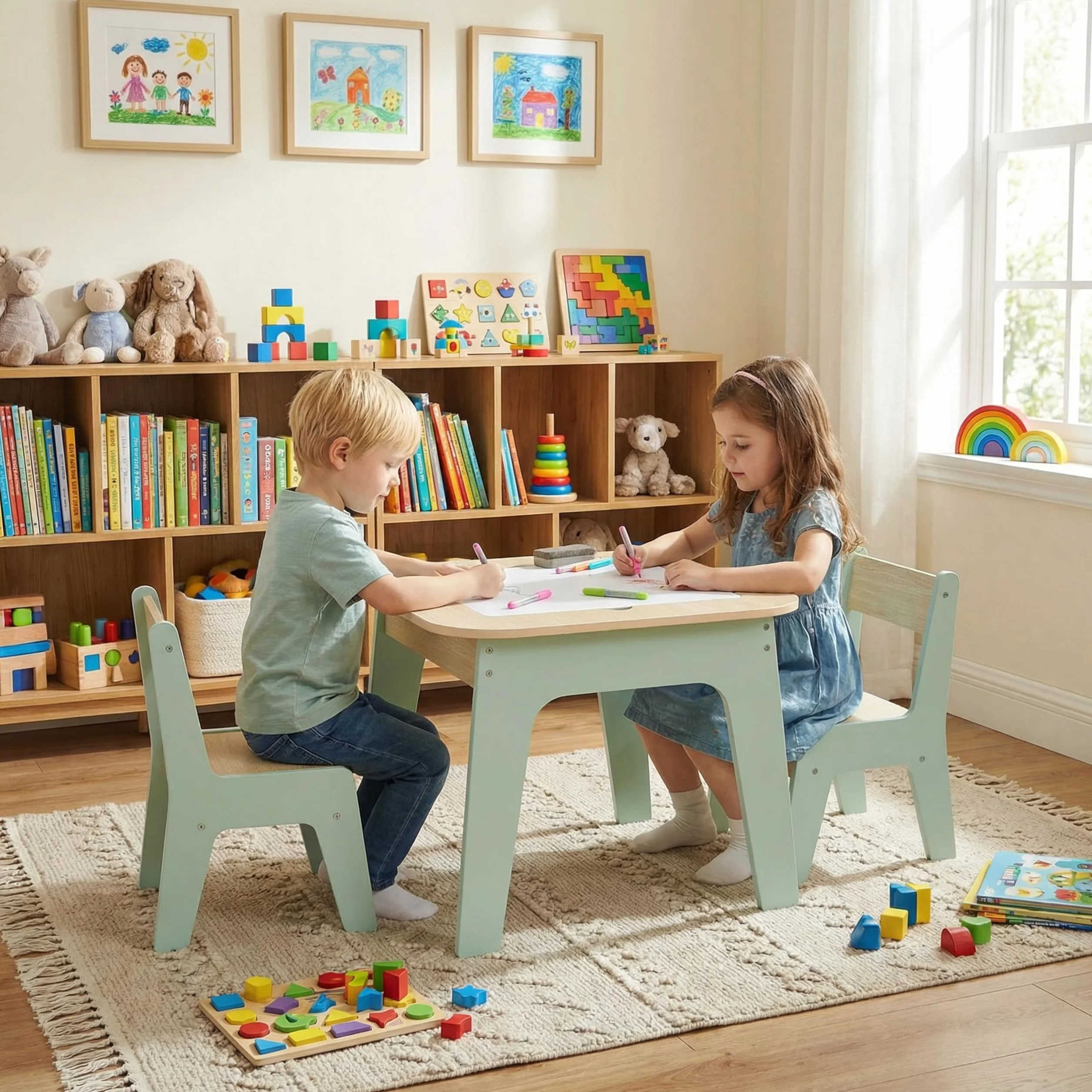 MAMIZO Mesa Infantil con 2 sillas, Doble tableros de Mesa, Grupo de Asientos con Espacio de Almacenamiento, Mueble Infantil para Habitación Infantil, Kindergarten, Sala Juegos, Verde
