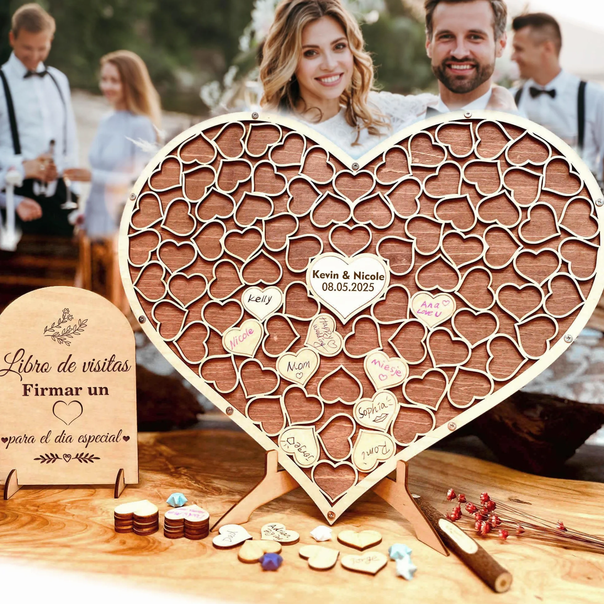 Libro de Firmas de Boda Corazón Madera, Decoración Alternativa con 83 Corazones y Bolígrafos