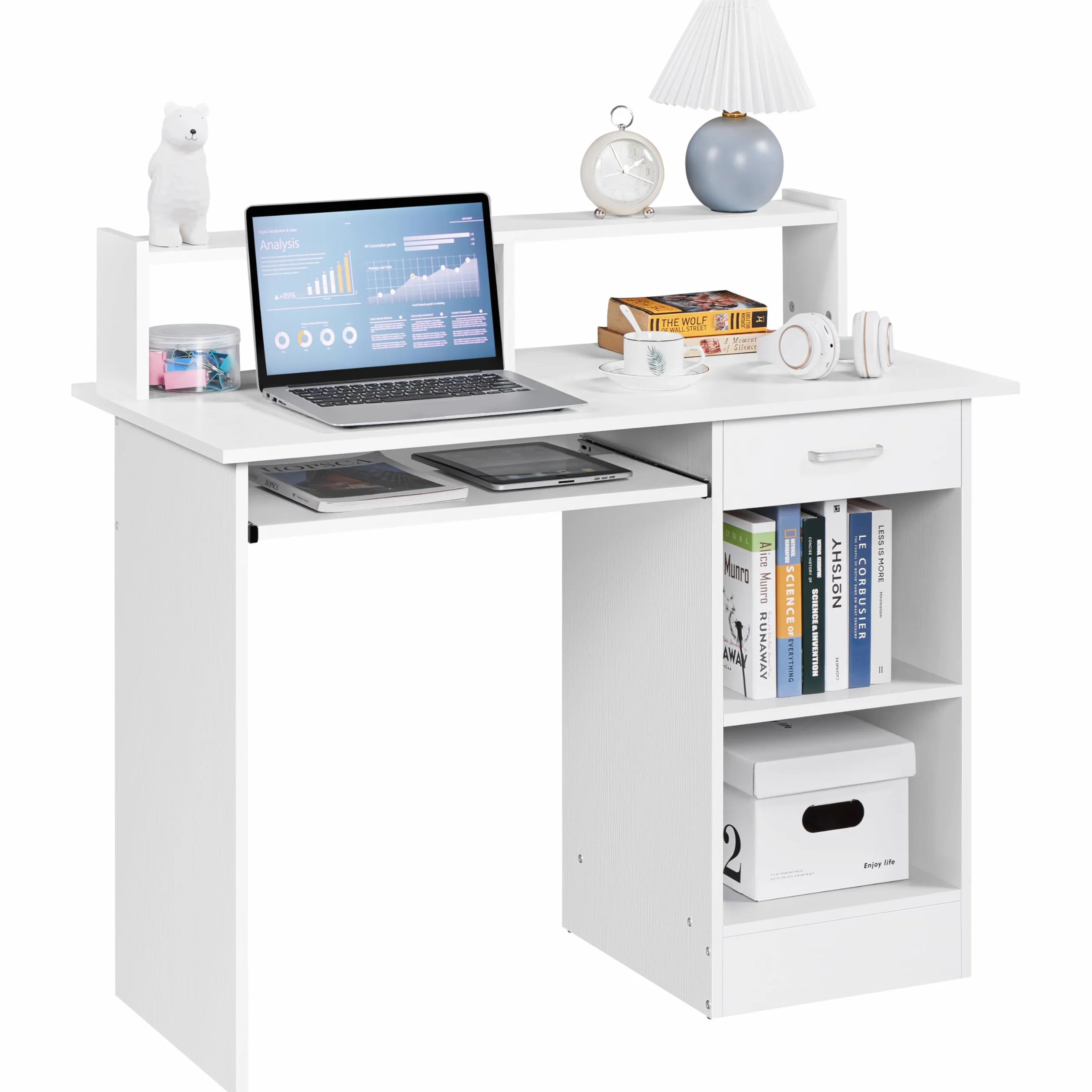 Yaheetech Escritorio con Cajón y Estante Ajustable, Mesa Ordenador con Bandeja para Teclado, Mesa de PC con Soporte de Monitor, para Estudio Dormitorio Oficina, Blanco