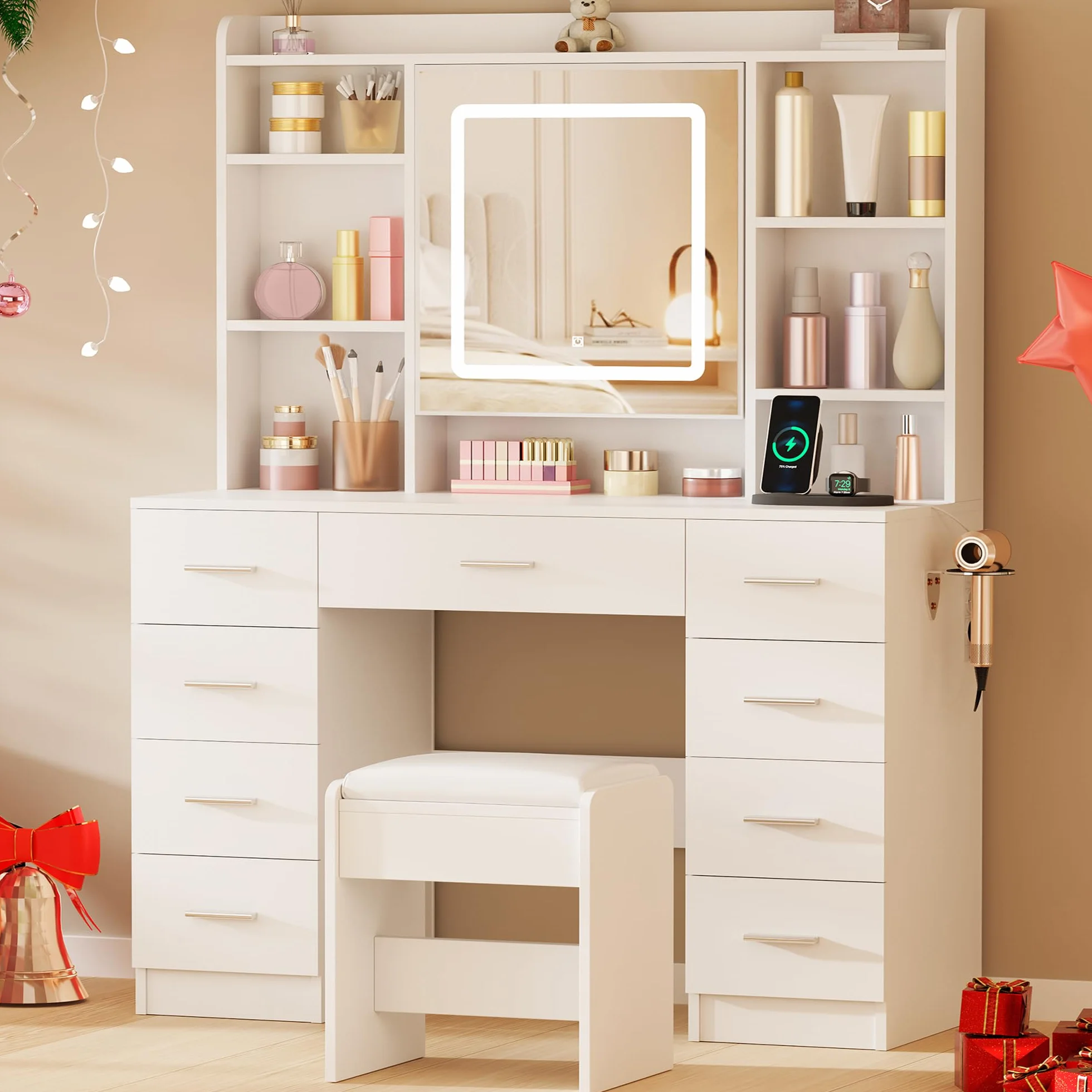 BEWISHOME Tocador de Maquillaje con Espejo LED, Brillo Ajustable, Mesa con Enchufes y Taburete, 9 Cajones, Blanco EFST36W