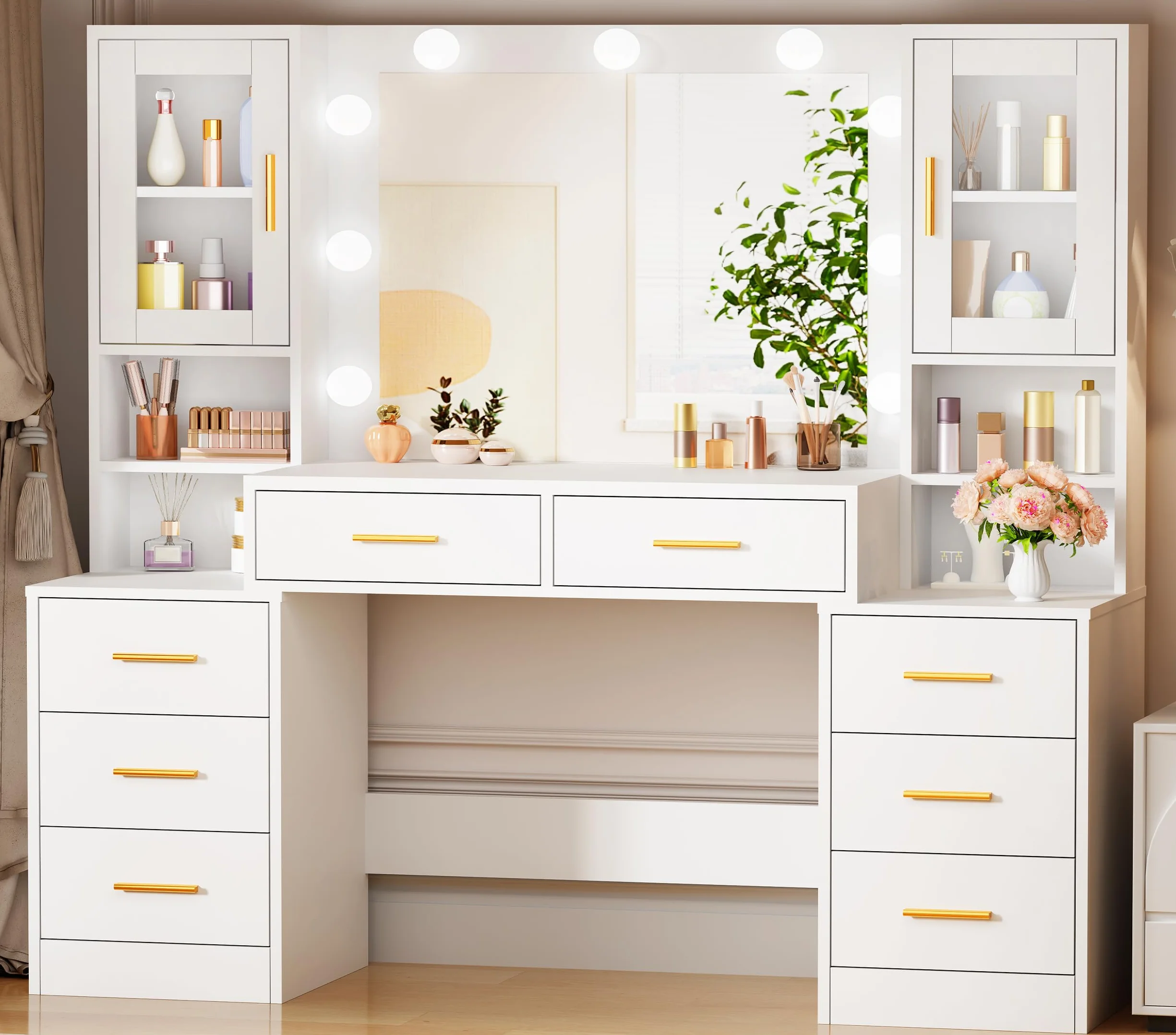 BEWISHOME Tocador de Maquillaje con Luces LED, Brillo Ajustable, 8 Cajones, Blanco EFST37W