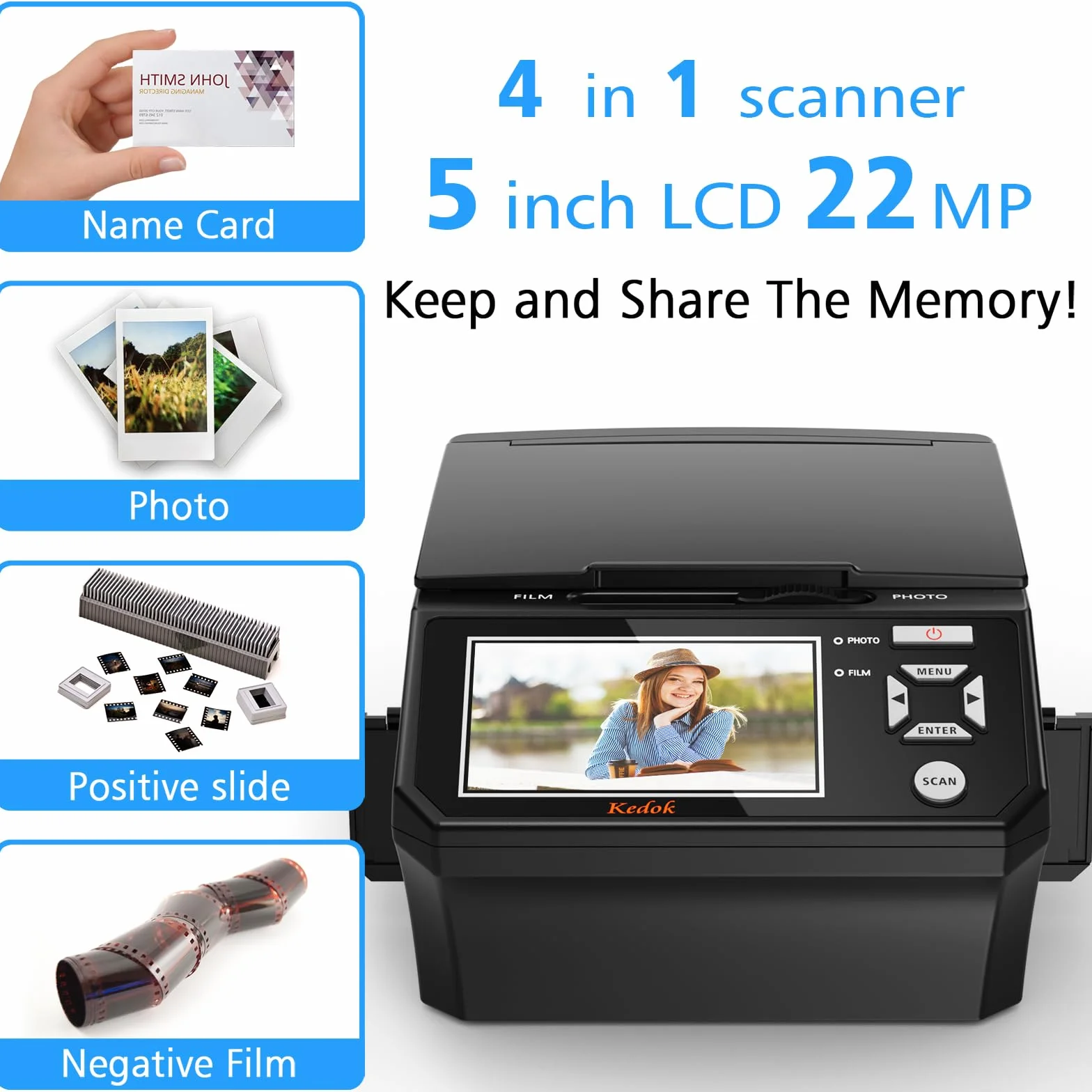 Escáner Digital de película y Diapositivas, con Pantalla LCD de 5 Pulgadas, Convierte películas, Fotos y Tarjetas de Visita de 35 mm y 110 mm en Tarjeta SD de Alta resolución JPEG de 22 MP de 8 GB