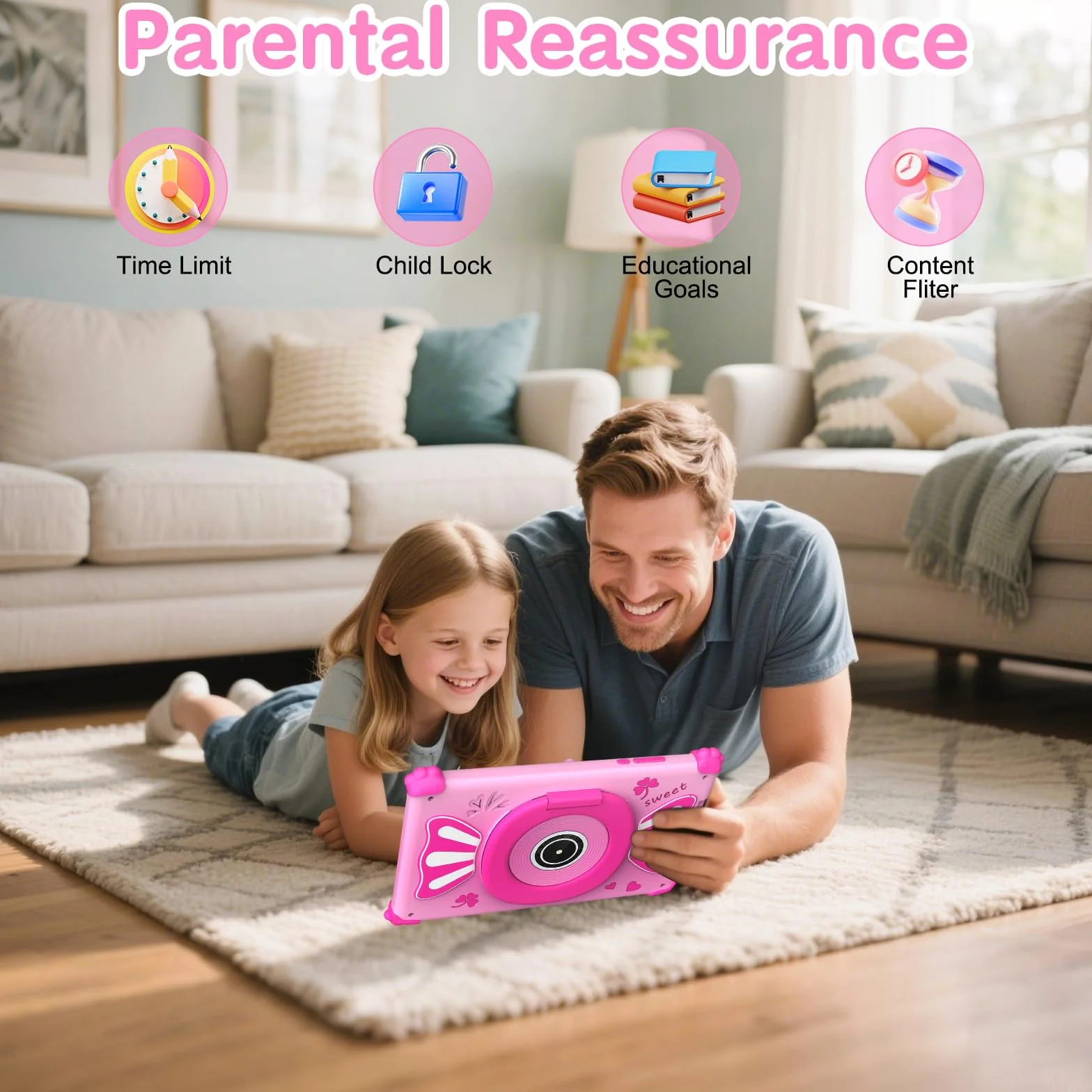 ascrecem Tablet Niños 7 Pulgadas Android 15 Tablet para Niños con 2.4G+5G WiFi6 Penta Core 6GB RAM 32GB ROM Tableta Infantil Doble Cámara 128GB Expandible Control Parental Juegos Educativos (Rosa)