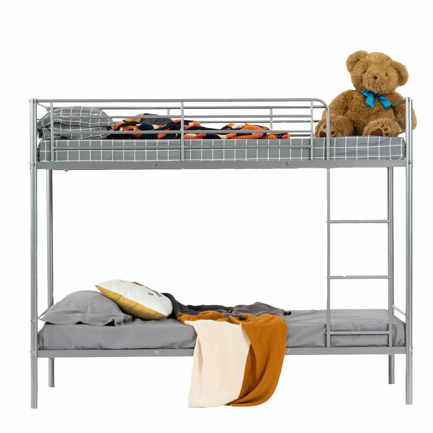 MEUBLE Cosy Litera Marco de Cama Infantil 90x190cm de Metal con Escalera y Somier de Listones Estructura Tubular para Niño Dormitorio Casa, Estilo Industrial, Gris