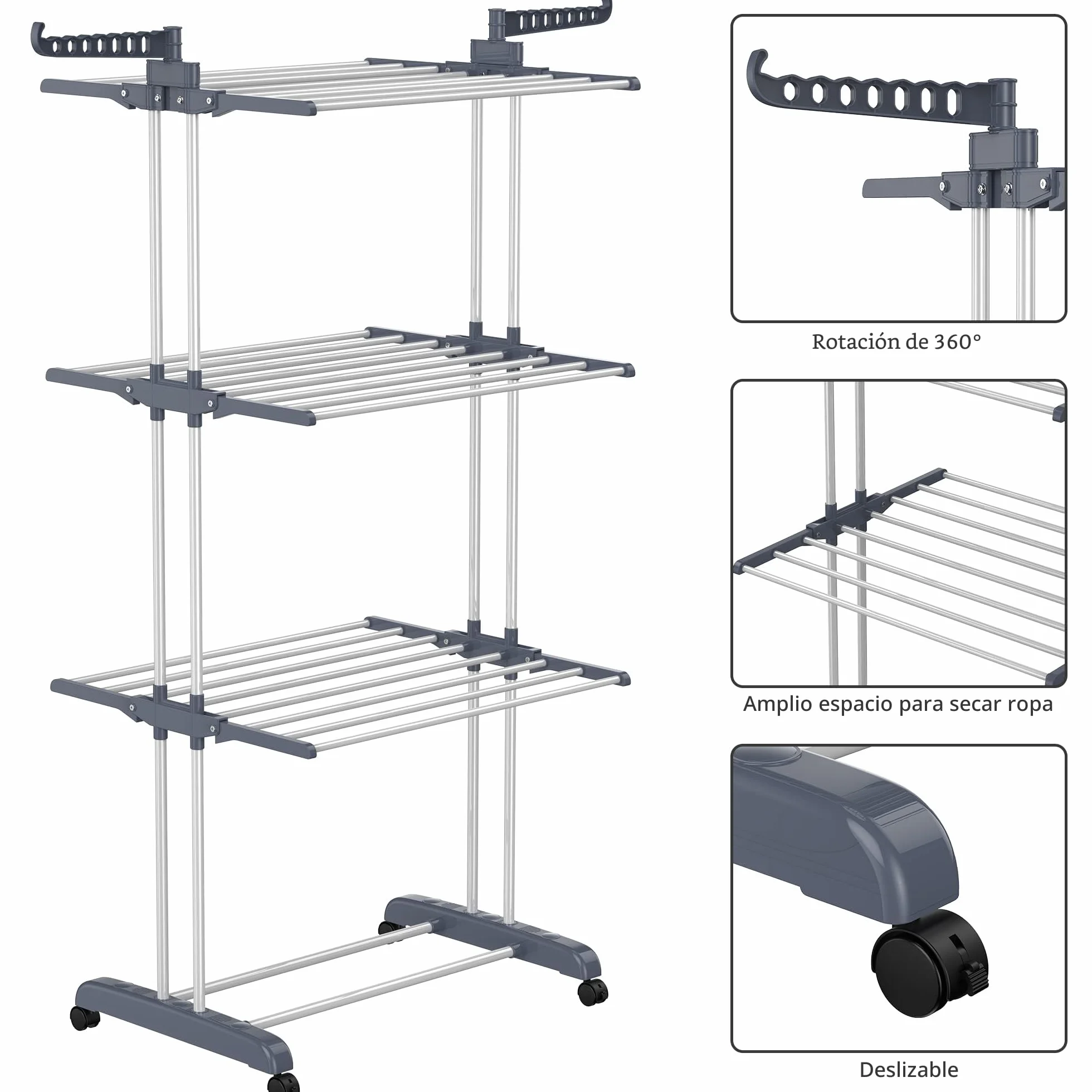 HOMIDEC Tendedero Plegable Vertical 4 Niveles con Ruedas, Acero Inoxidable, Exterior e Interior, Gris