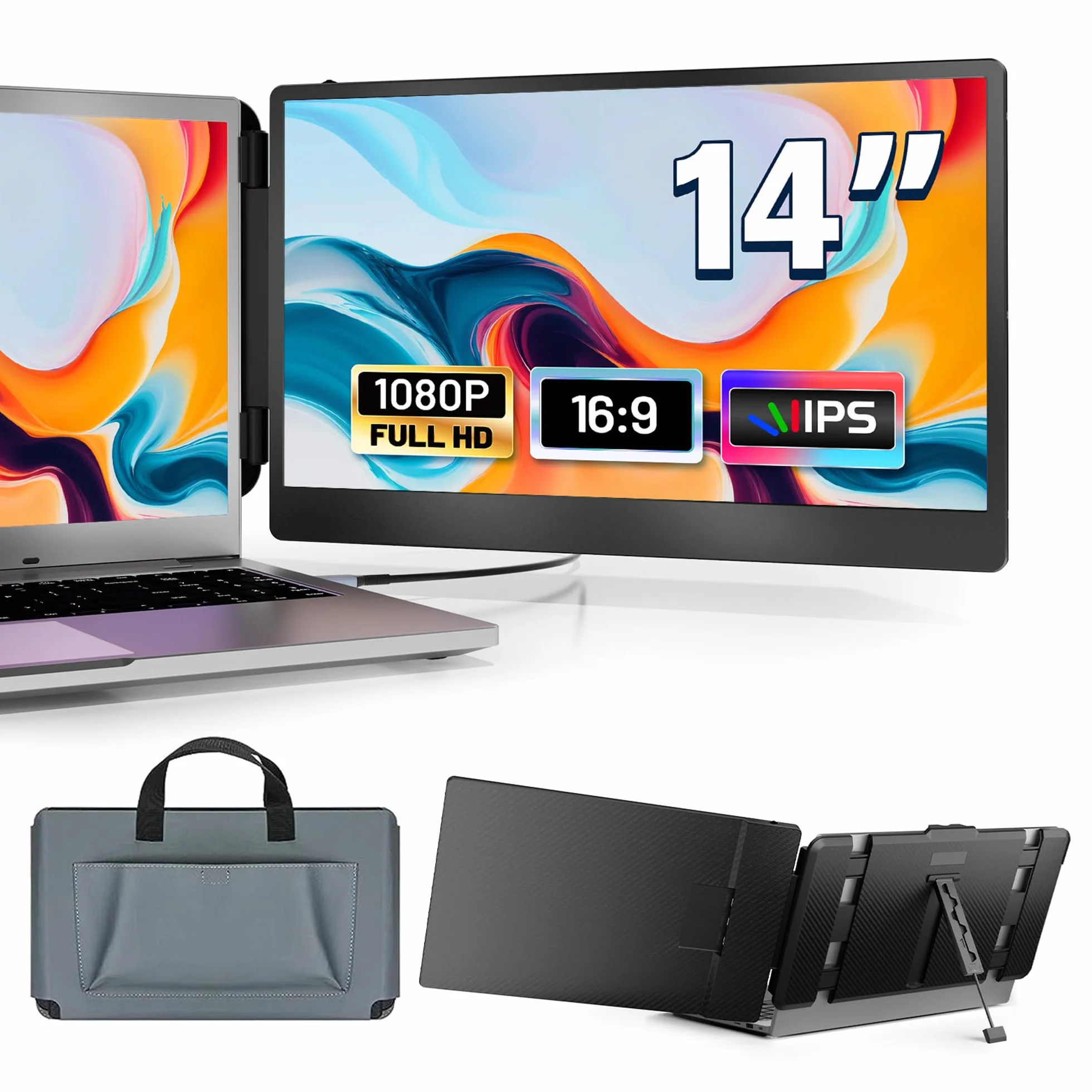 domyfan Monitor Portátil,14" FHD 1080P Extensor de Pantalla para Portátil, HDMI/USB-A/Type-C Plug and Play Funciona con 13 "-17" Windows, Mac,Chrome,Xbox, Switch, PS5