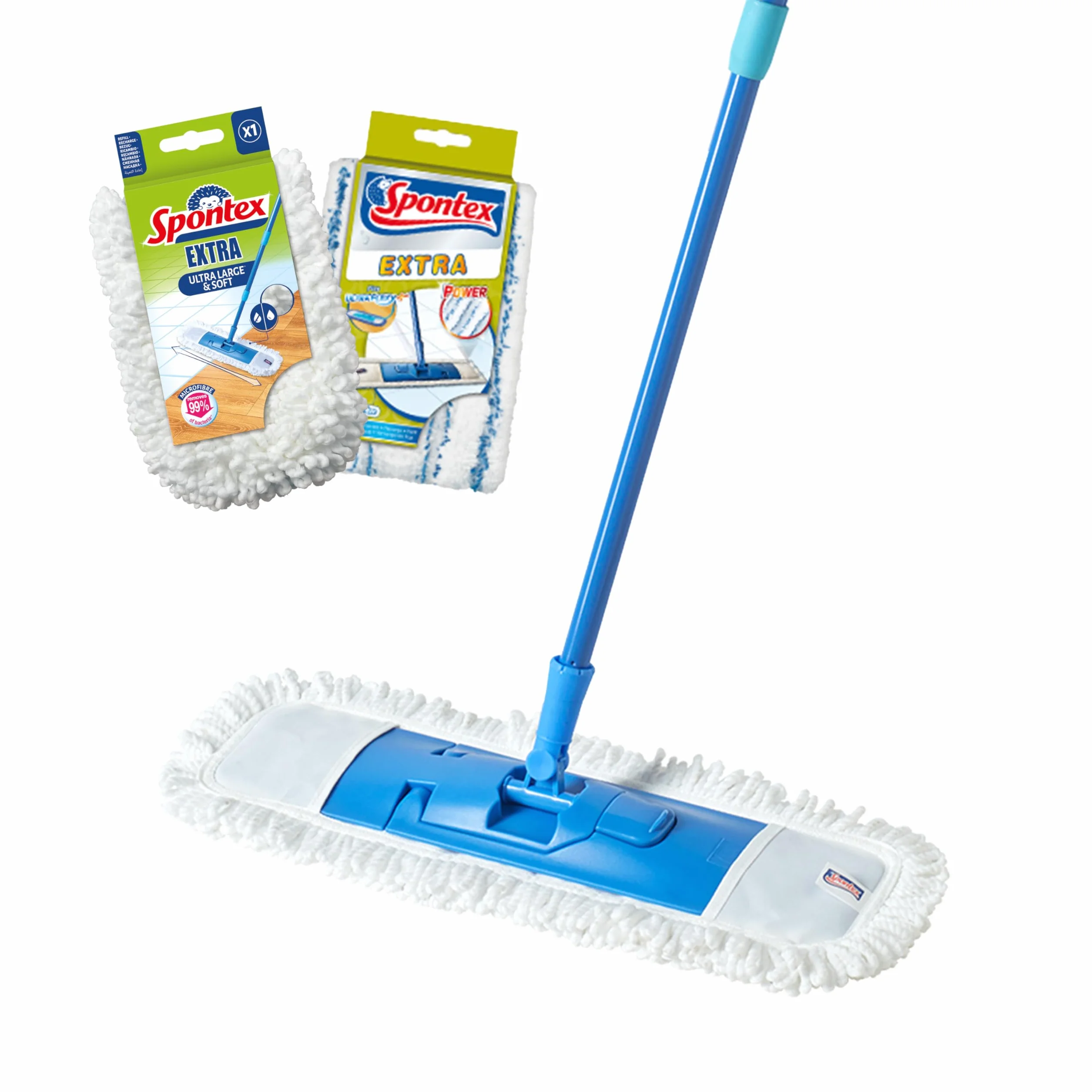Spontex Fregona Extra Flat Mopa Versátil Microfibras Superficies Secas Húmedas Longitud Ajustable 80-140 cm Limpia Suelos Laminados Madera Baldosas 2 Recambios