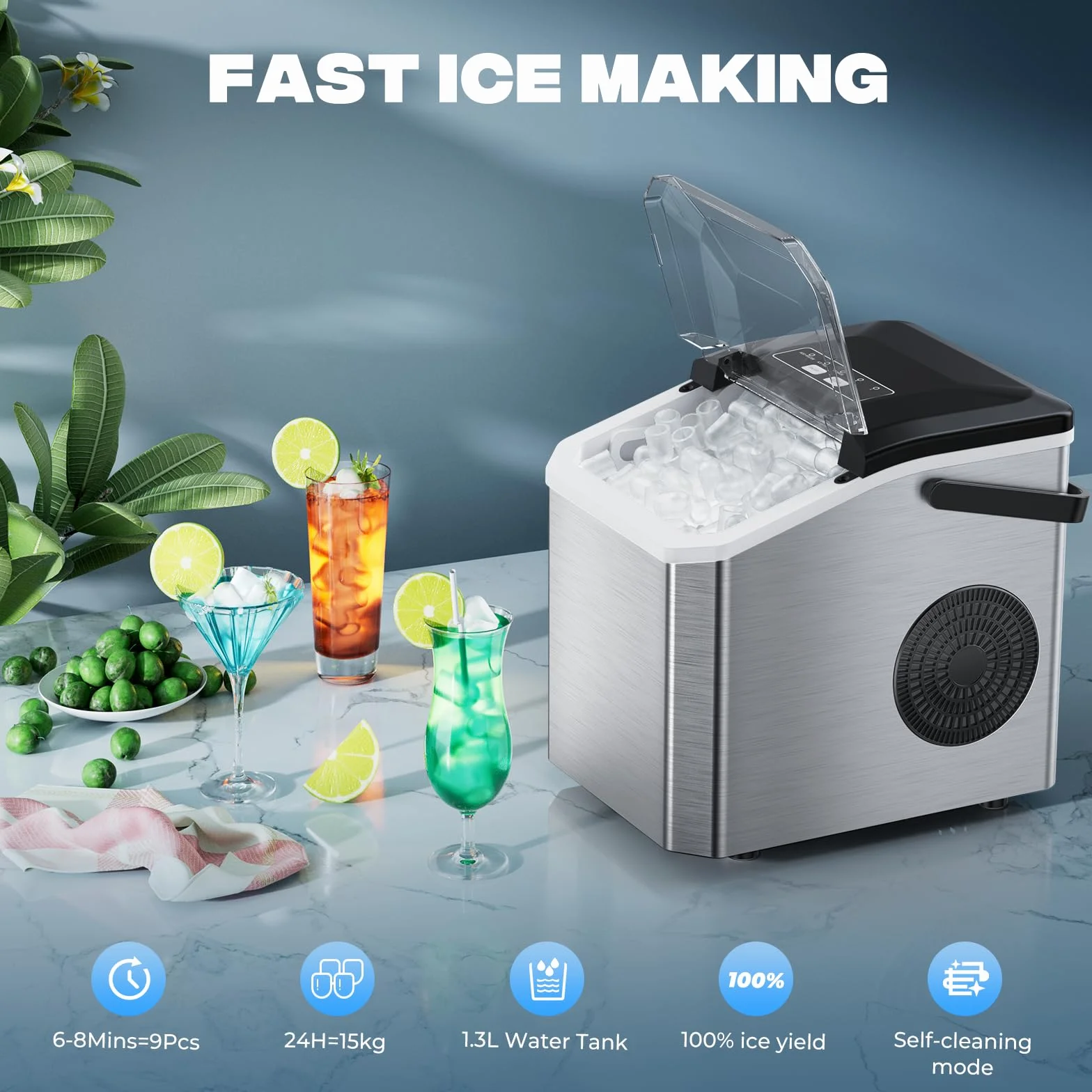 Máquina de Hielo Portátil 15kg/24h, 9 Cubitos en 6 Min, 2 Tamaños, Autolimpieza, Incluye Pala y Cesta, Negro/Acero