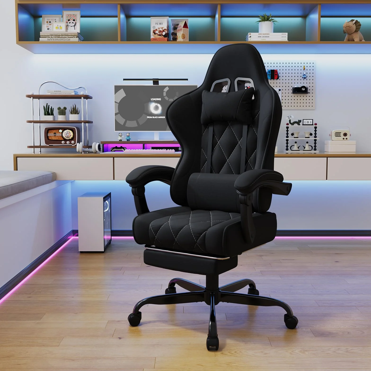 Devoko Silla Gaming Ergonómica de Tela Transpirable con Masaje Lumbar y Reposapiés Retráctil, Reclinable, 150 kg, Negro