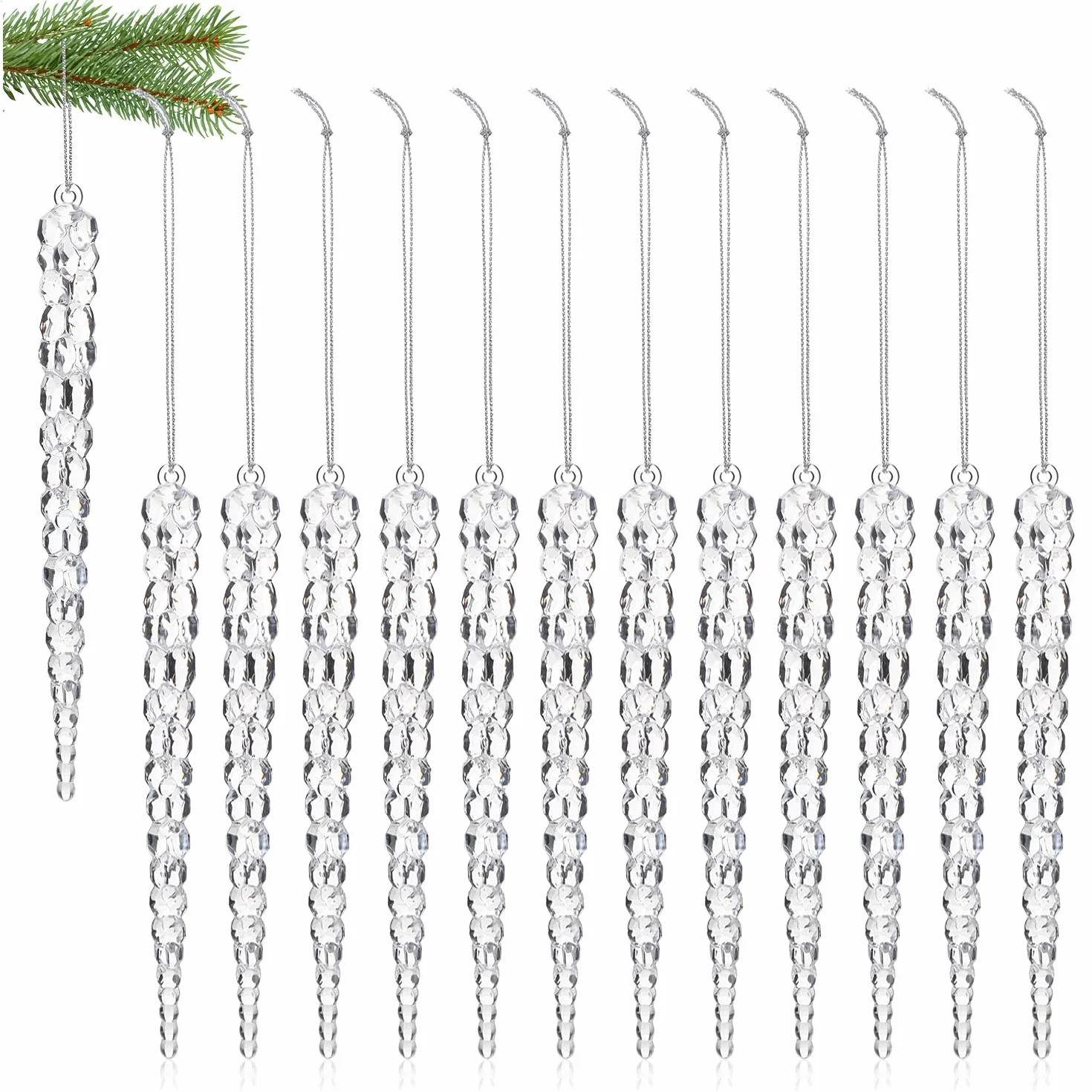 COM-FOUR 12 Colgantes Decorativos para Carámbanos Transparentes de 17,5 cm con Cuerda para Colgar Árbol de Navidad