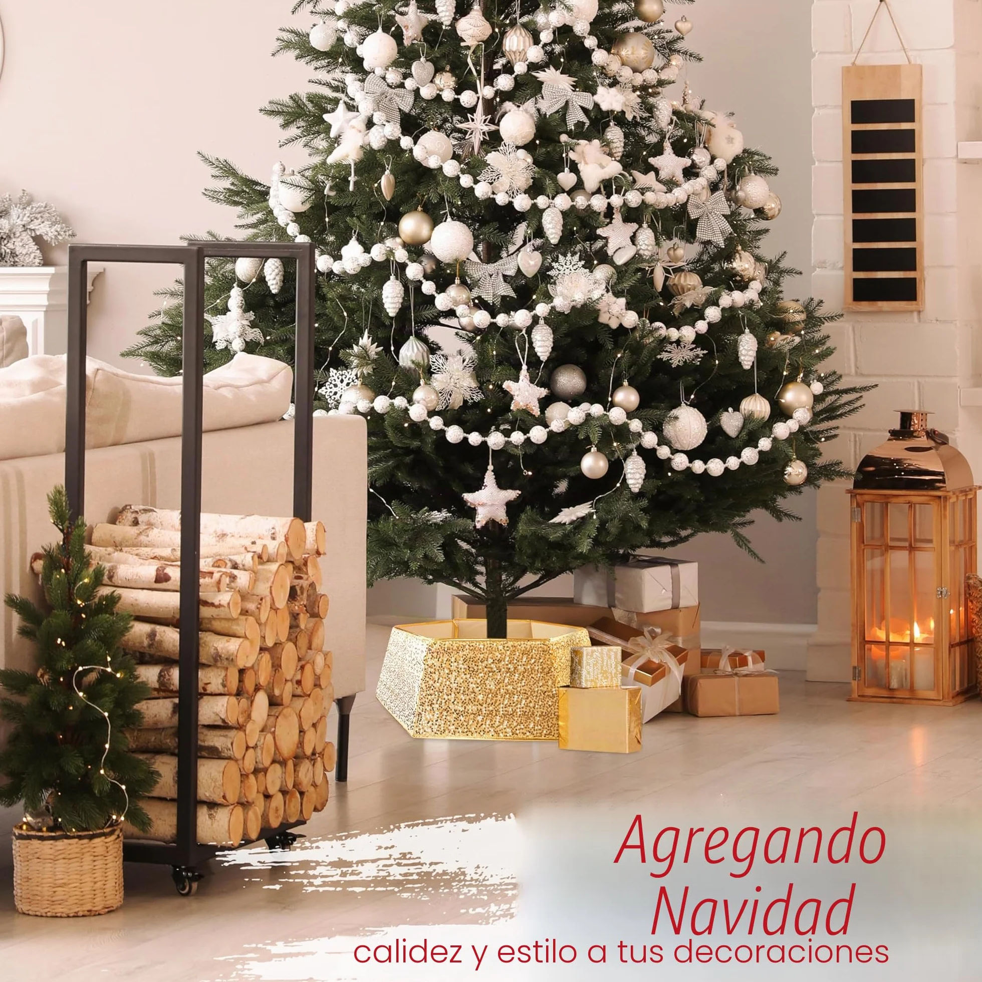 DECO EXPRESS Falda para Árbol de Navidad con Lentejuelas 68x85 cm, Cubre Árbol Hexagonal con Cierre de Velcro