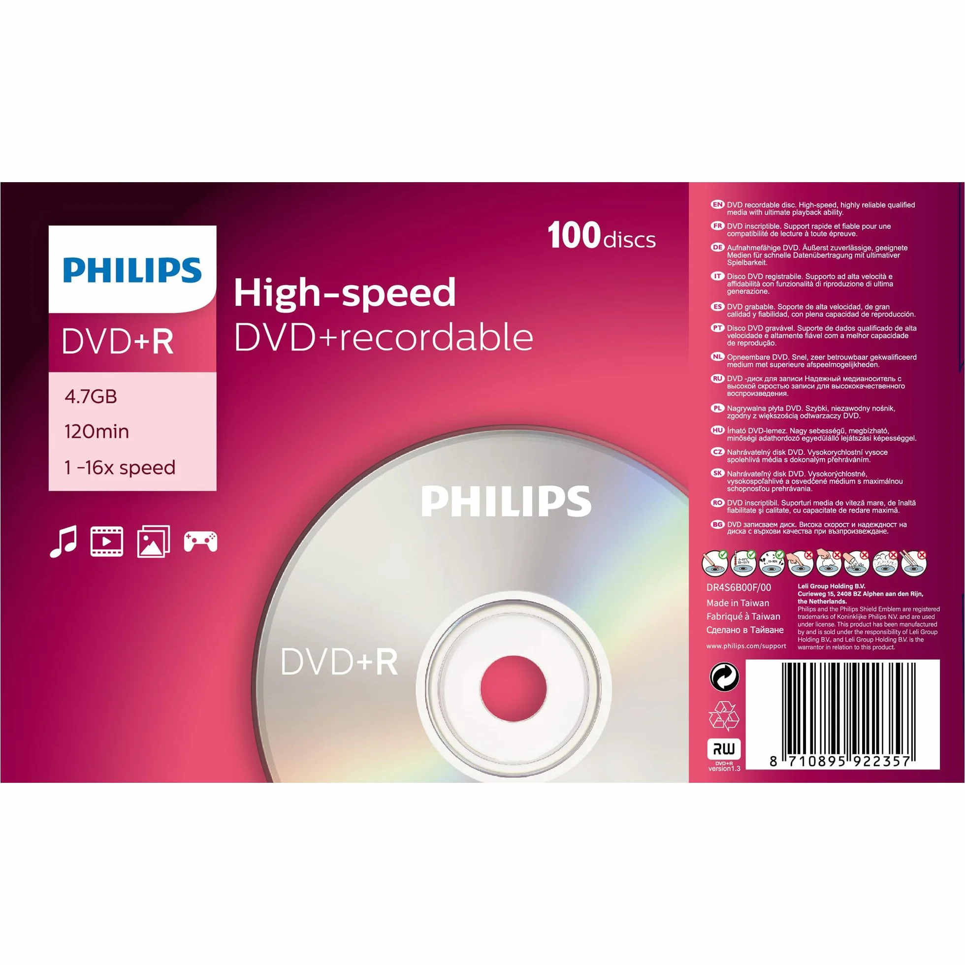 Philips Dvd + R De 4,7 Gb / 120 Min / 16X Tarrina (100 Disc)
