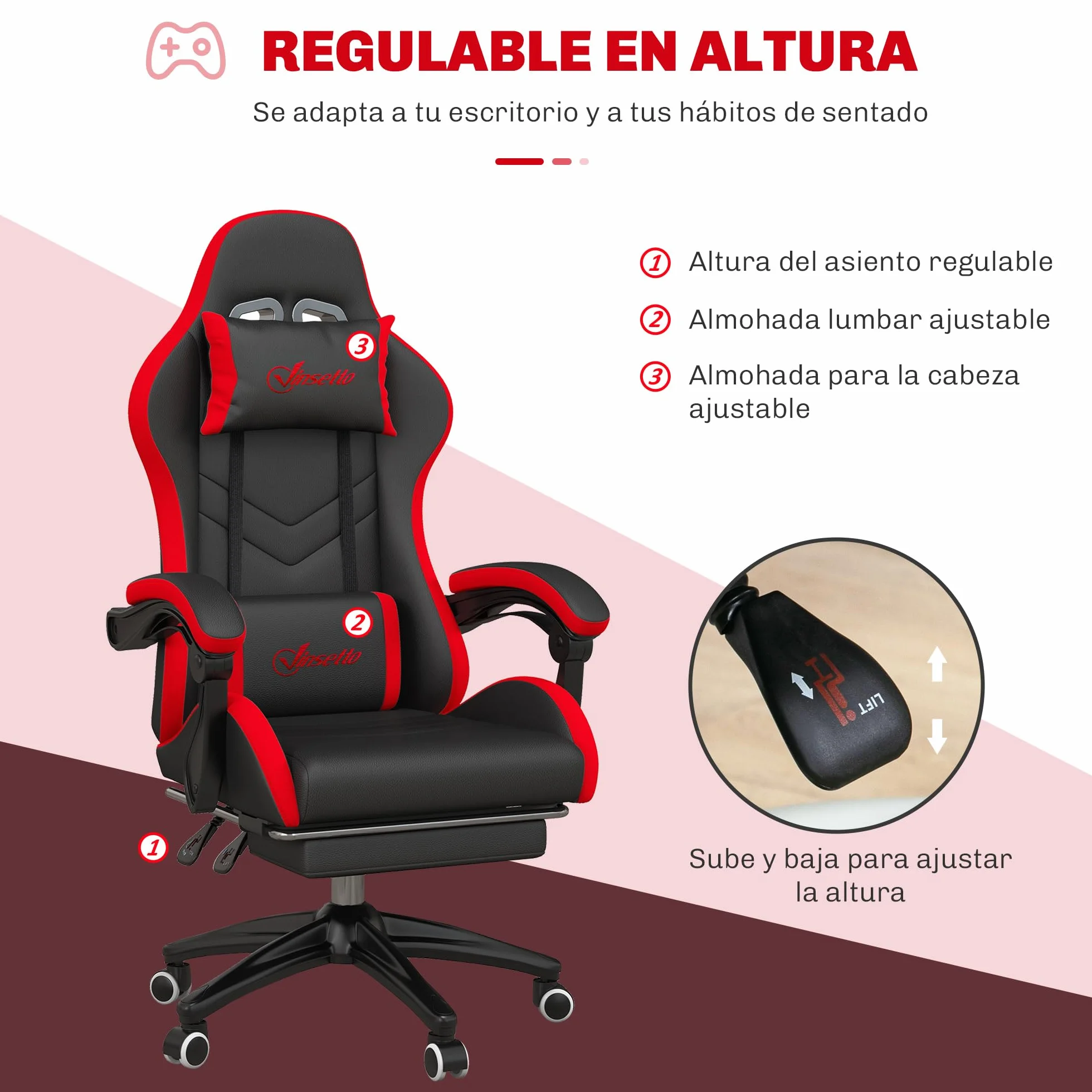 Vinsetto Silla Gaming Ergonómica de Cuero PU Reclinable 135° Soporte Lumbar Altura Ajustable Reposacabezas Reposapiés Retráctil Negro y Rojo