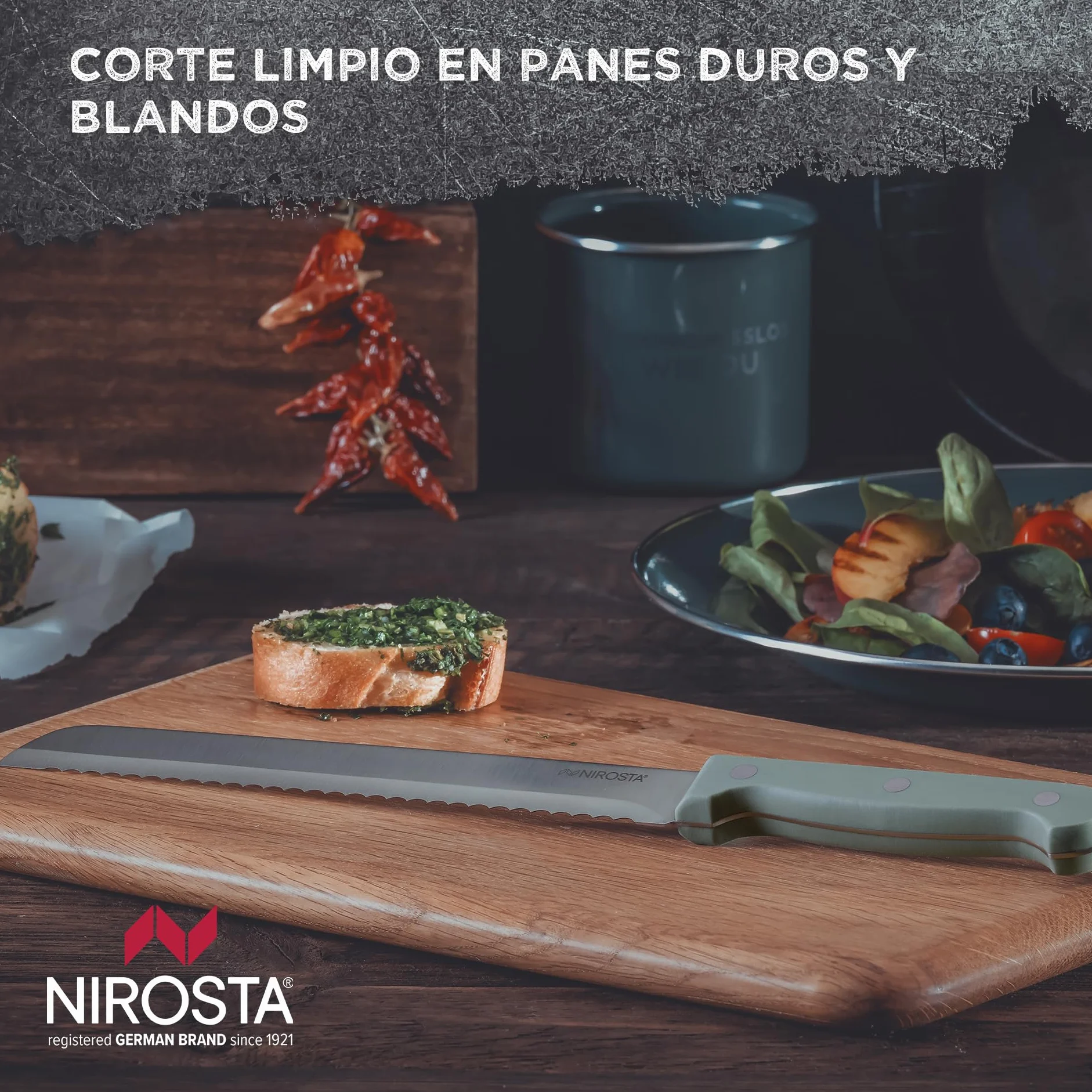 Nirosta Trio Cuchillo de Pan 32 cm, Hoja 20 cm Acero Inoxidable CCr, Mango POM, Corte Preciso, Verde Smoke