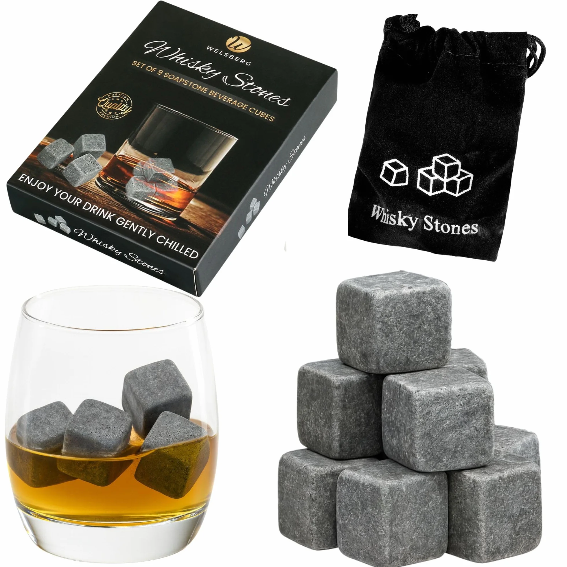 Set de 9 Cubitos para enfriar Piedras el Whisky, Whiskey Stones Esteatita Natural, para Enfriar Whiskey Vino y te sin sobre-enfriar ni Diluir, incl. Bolsa para Guardarlas – gris