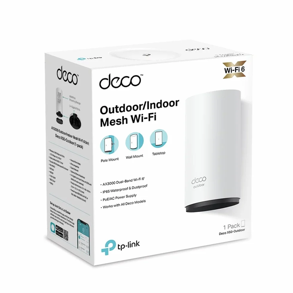 TP-Link Deco X50-Outdoor (1-Pack) - Sistema WiFi 6 AI Mesh, AX3000 Doble Banda 2.4 GHz/5 GHz,4k, Cobertura hasta 232 m2, 2X Puertos GigabIt por Unidad, Certificado como Resistente al Agua y al Polvo