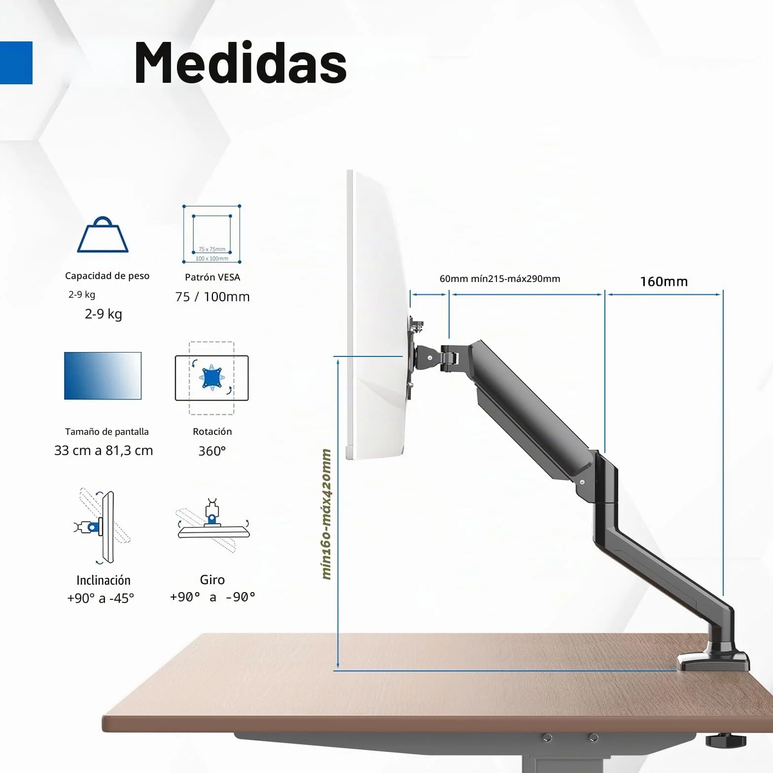GRIFEMA GB2003-1 Soporte de Monitor con Resorte de Gas para Pantalla de Computadora de 13-32 Pulgadas, Altura Ajustable, VESA 75x75/100x100, Peso 2-9 kg, Negro