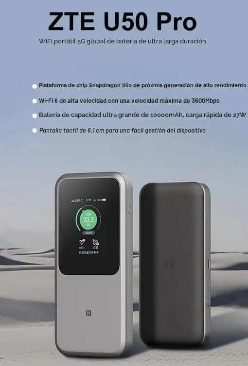 ZTE U50 Pro 5G Router portátil WiFi 6 3600Mbps Hotspot-Router con ranura para tarjeta SIM 10000mAh 27W Carga rápida