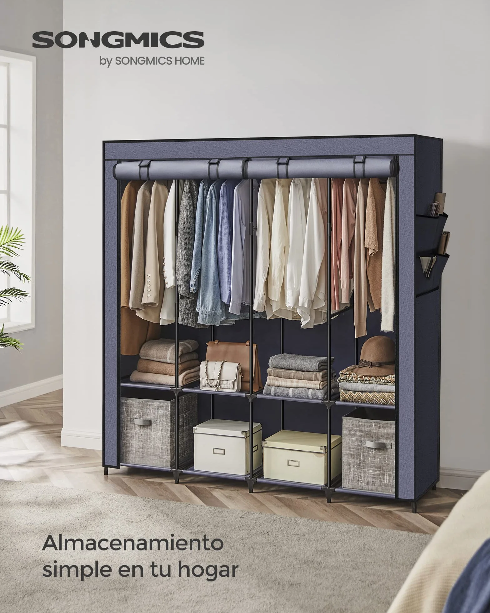 SONGMICS Armario 4 Barras de Ropa Estantes 45x170x167 cm Azul Oscuro