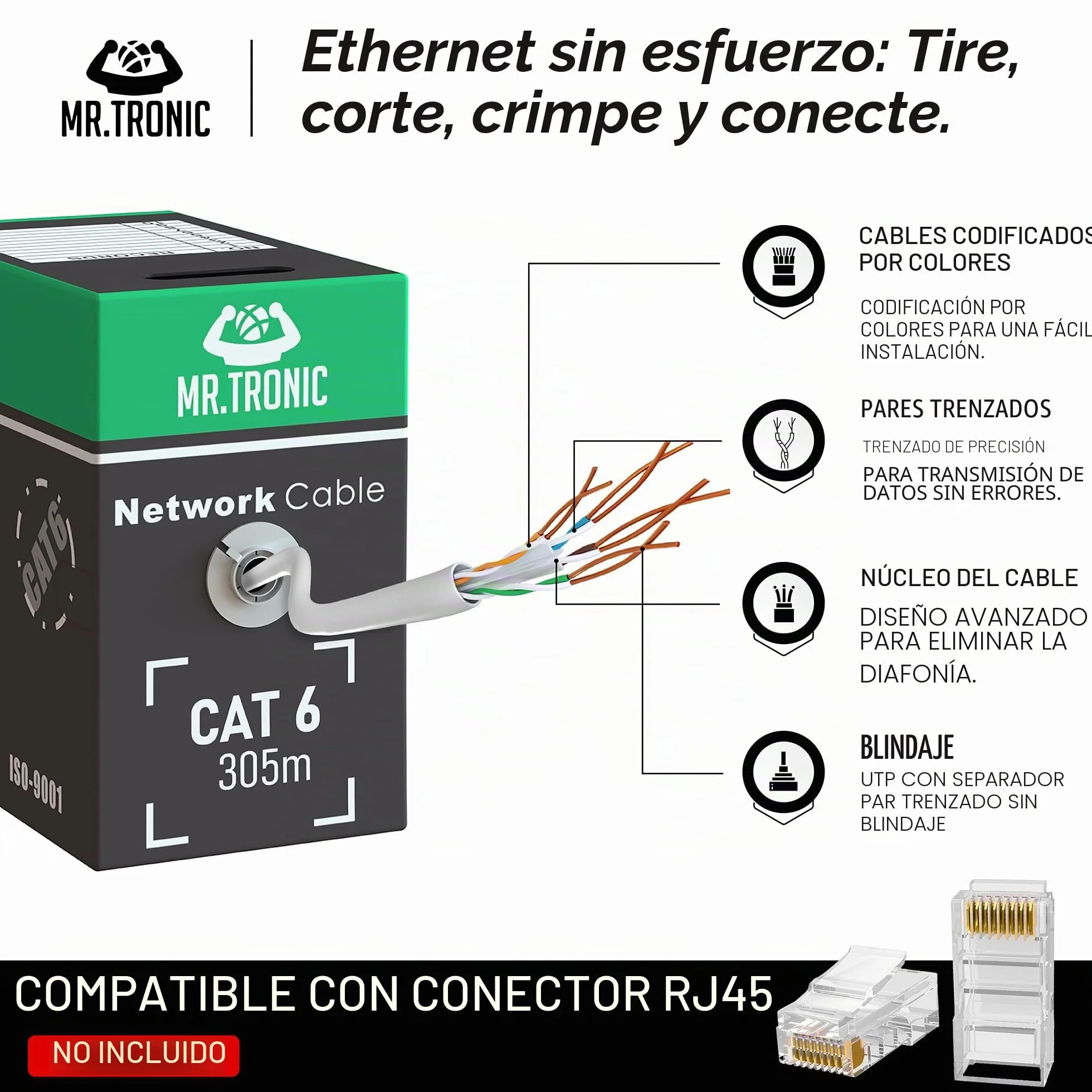 Mr. Tronic Granel Cable Ethernet Cat 6 De 305m, Bulk Cable de Red LAN Para Internet Rápida & Fiable - AWG24 Cat6 a Granel, 1 Gbps Internet 250 MHz UTP CCA (305 Metros, Gris)