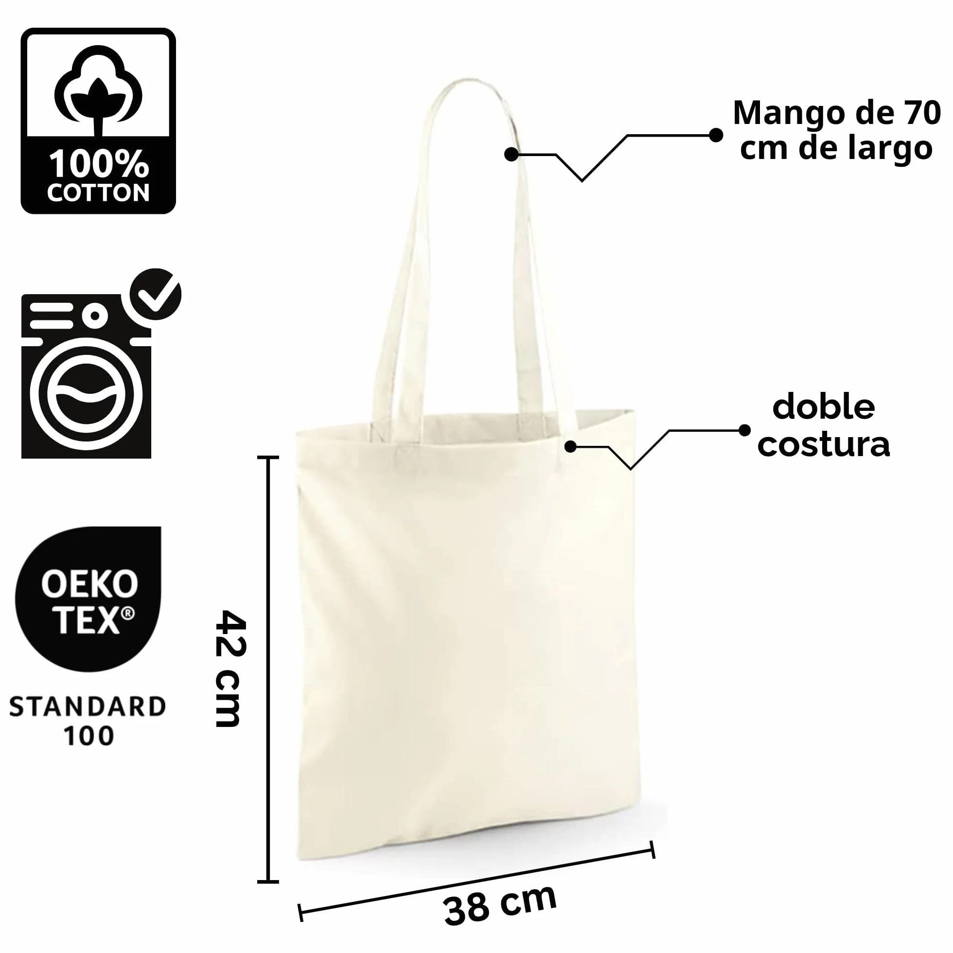 Tote Bag Reutilizable 100% Algodón 38x42cm Asas 70cm 13 Colores