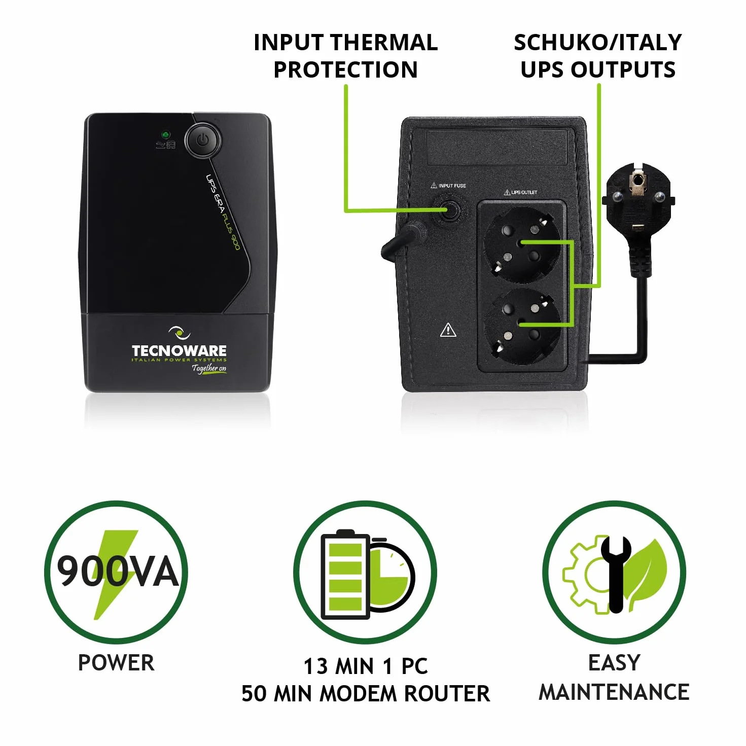 Tecnoware Power Systems UPS 900VA para PC/Modem, NO Gaming/Consola, SAI ERA PLUS, 2 Schuko, protege de apagones y picos de tensión PC, módem, videovigilancia, TPV, NAS, POS