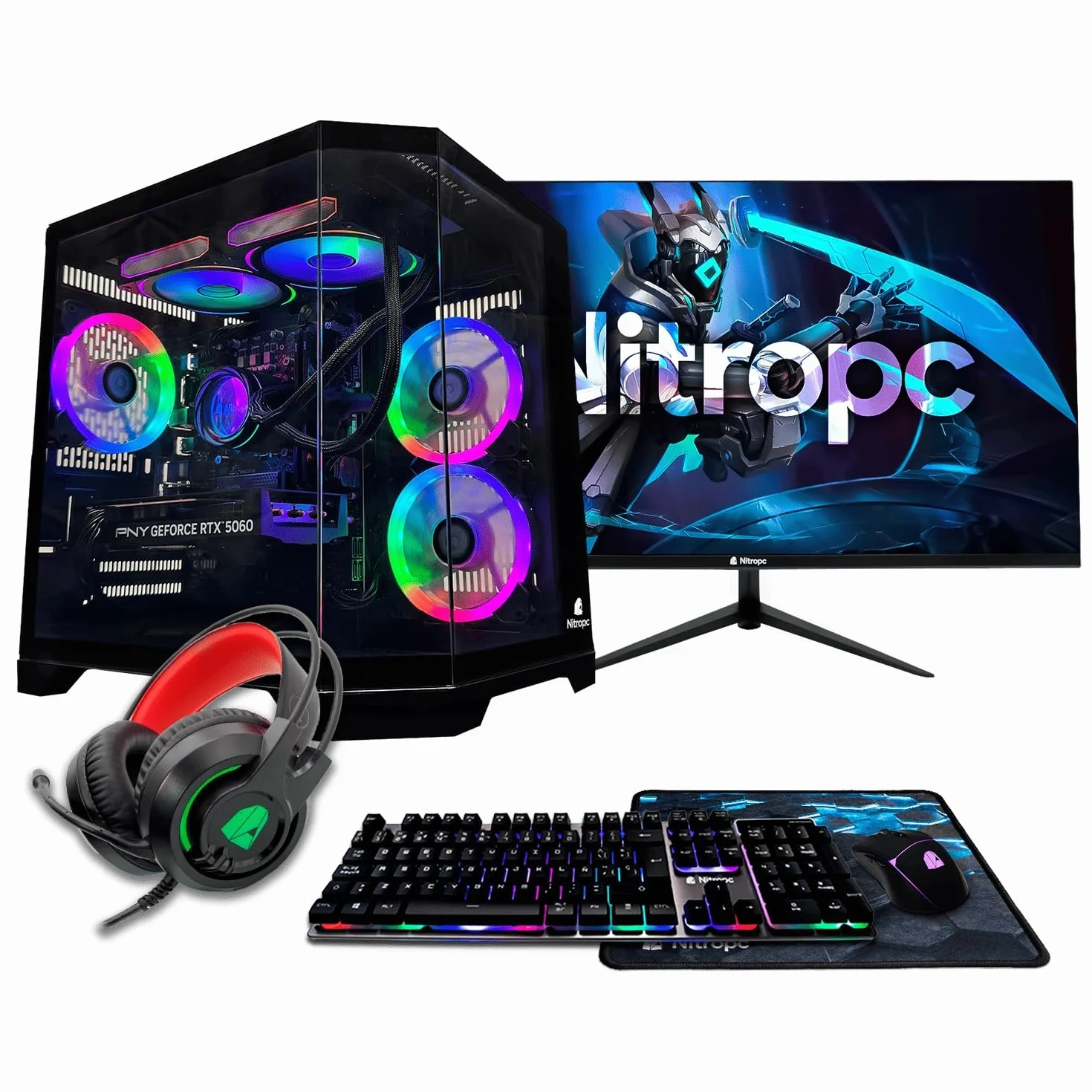NitroPC - Pack Avanzado | PC Gaming Completo (Intel Core i5 14400F 4/8 4.7 GHz, RTX 3050 8GB, RAM 16GB, M.2 1TB, Windows 11 Pro, RGB | WiFi,Monitor 24" Teclado ratón Auriculares) PC sobremesa (Negro)