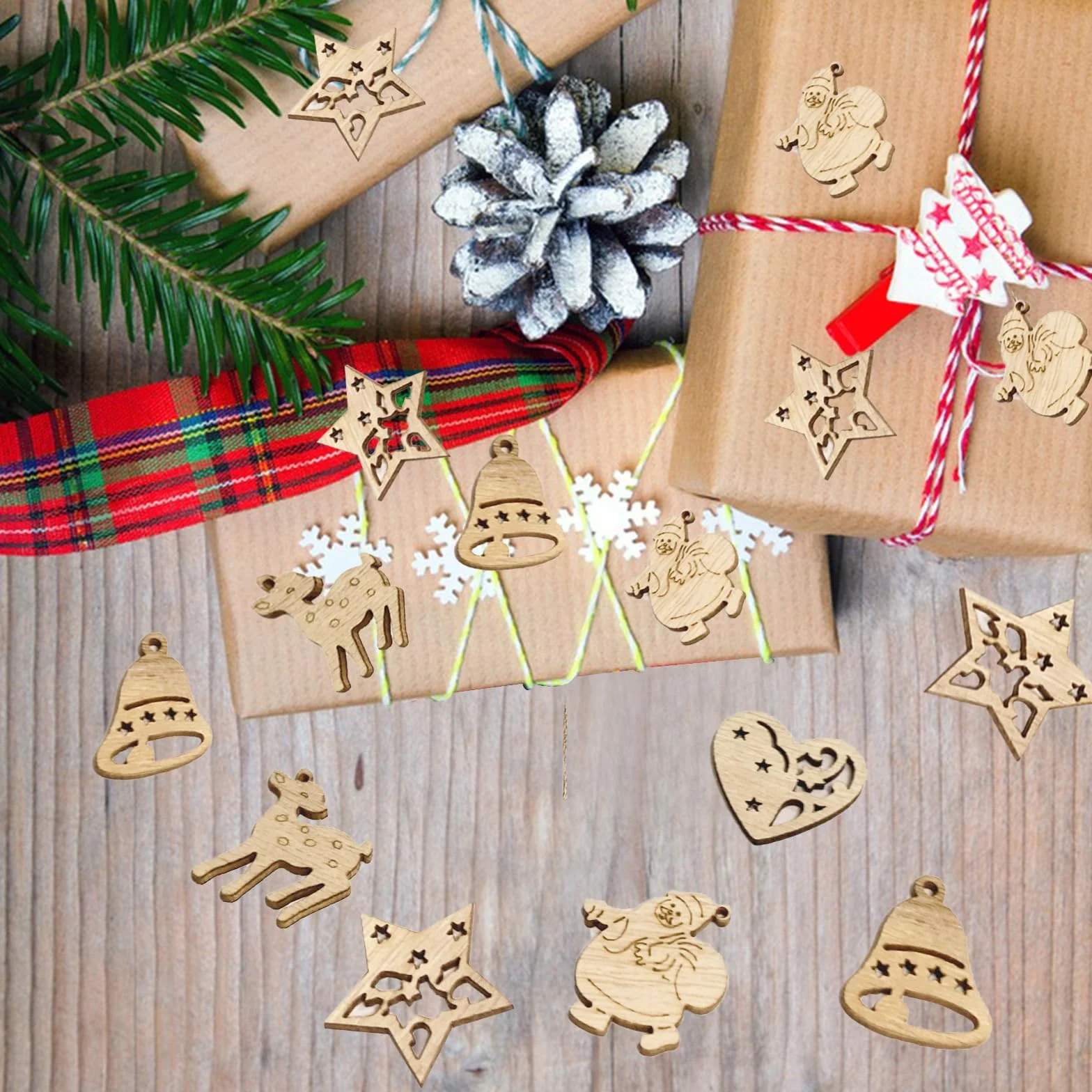 Adornos Navideños de Madera 100 Piezas Colgantes para Árboles Decoración Navideña Bricolaje