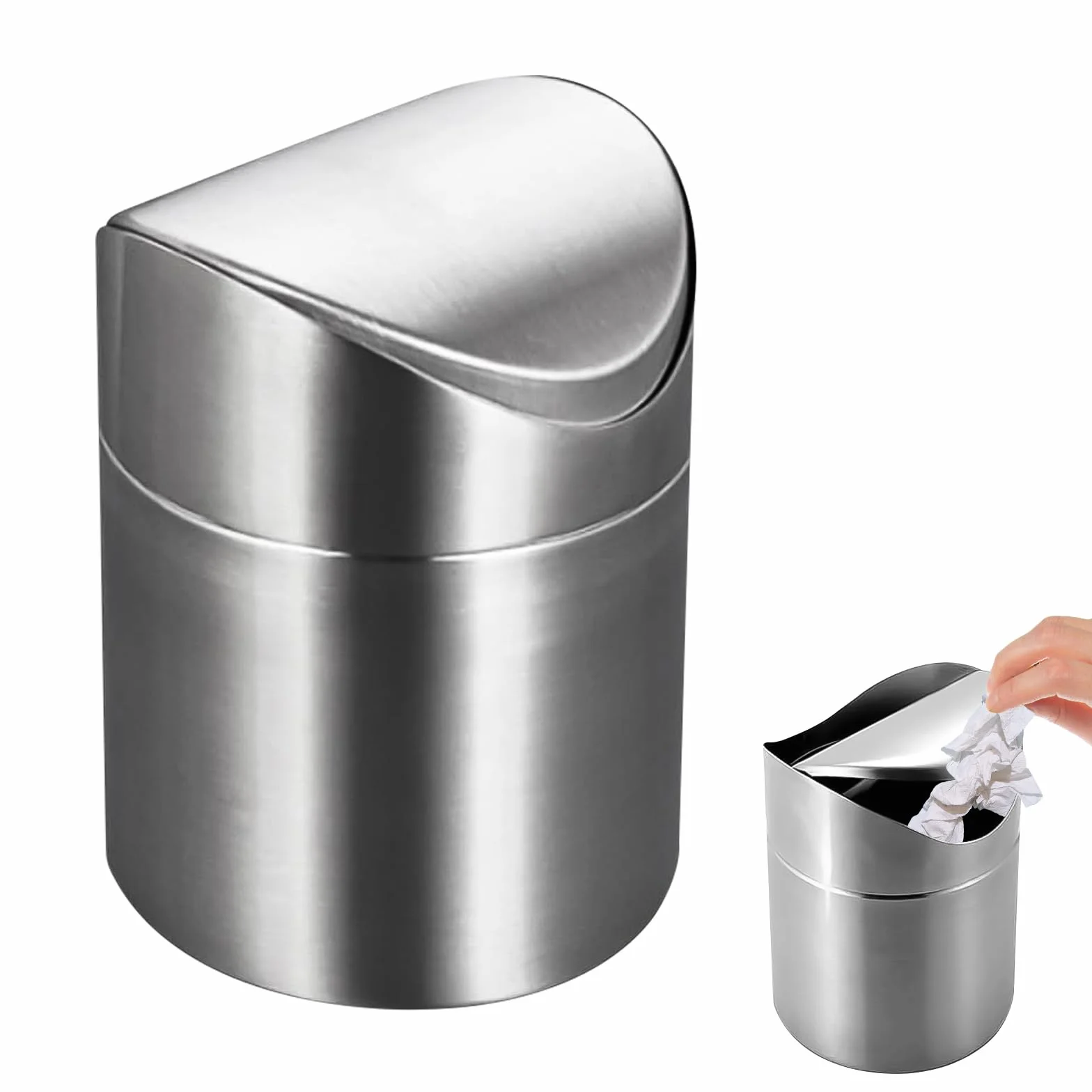 Cubo de Basura de Mesa con Tapa, 2L Mini Papelera Escritorio Cubierta Deslizante, Papelera Pequeña de Acero Inoxidable Papelera de Baño para Cocina, Dormitorio, Baño, Oficina, Plata (12×12×16cm)