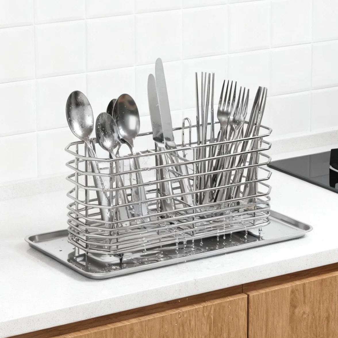 Escurridor de cubiertos y platos para encimera de cocina plateado