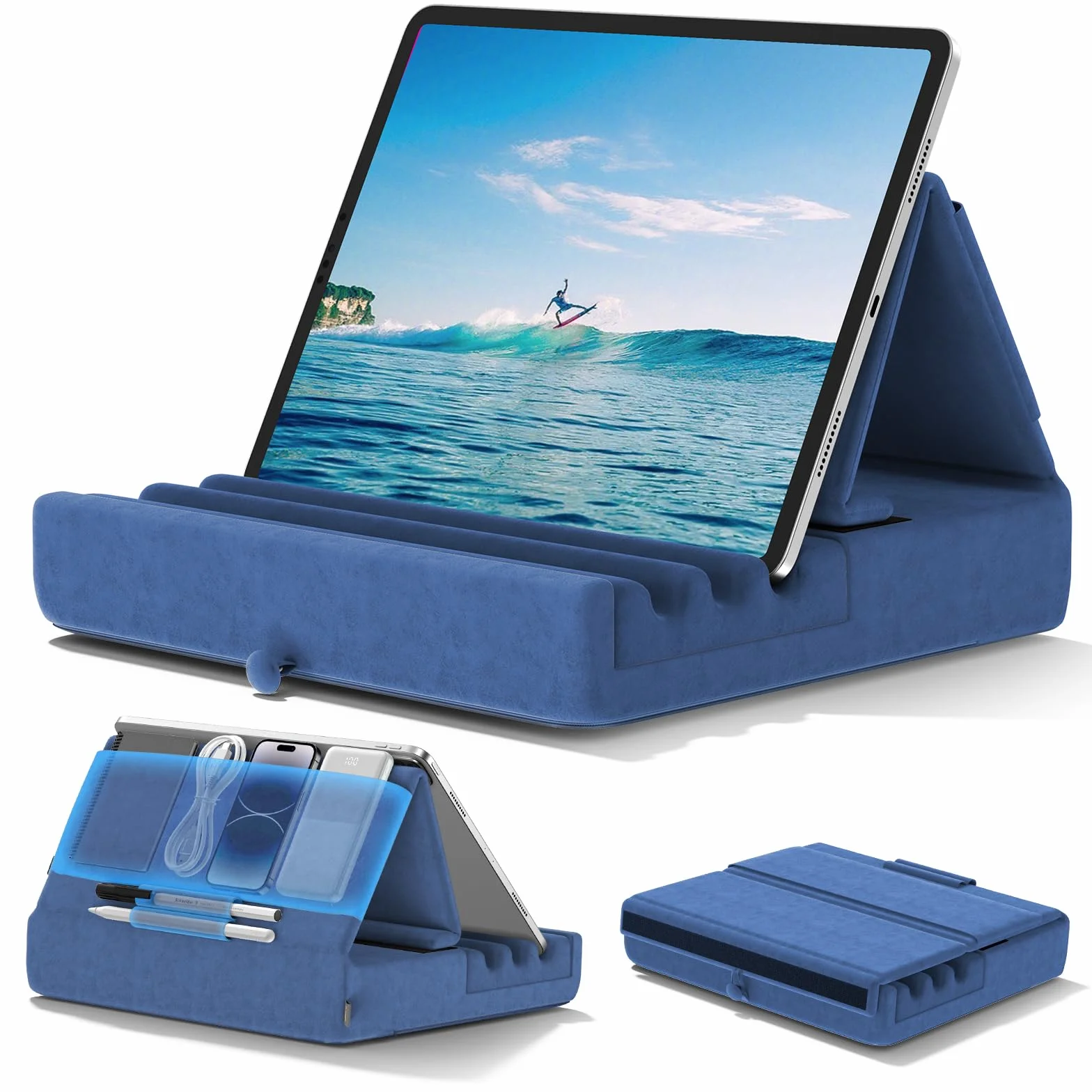 KDD Soporte de Almohada para Tablet,Soporte iPad Plegable para Cama,Regazo,Cojín para Tablet con Bolsillo y Soporte para Lápiz, para iPad Pro 12.9 10.5 9.7 Air Mini 6 5 4 3 E-Reader, Azul