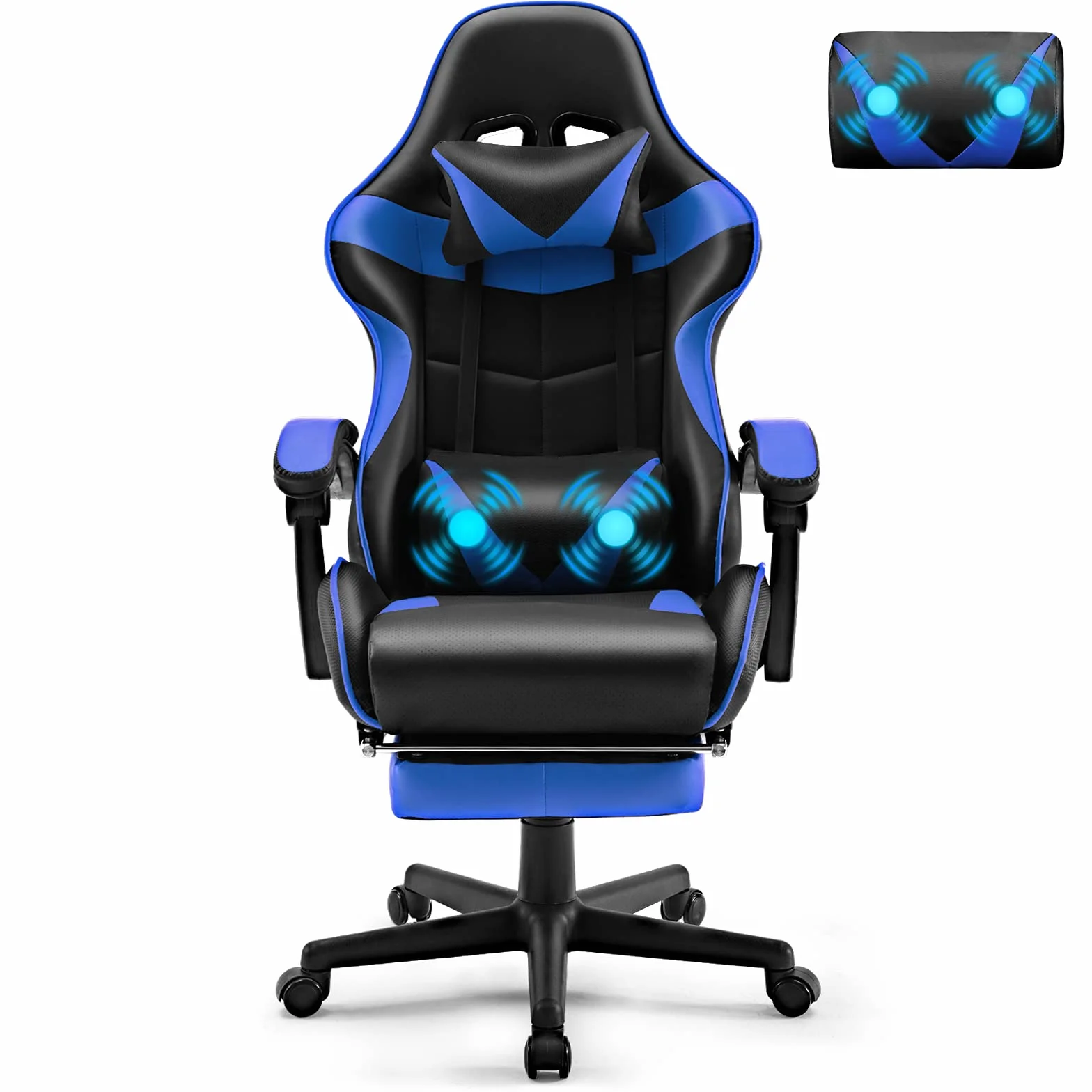 Soontrans Silla Gaming con Masajeador, Reposapiés y Reposacabezas, Cojín Lumbar de Masaje, Sillón Gamer para Livestreaming (Azul)