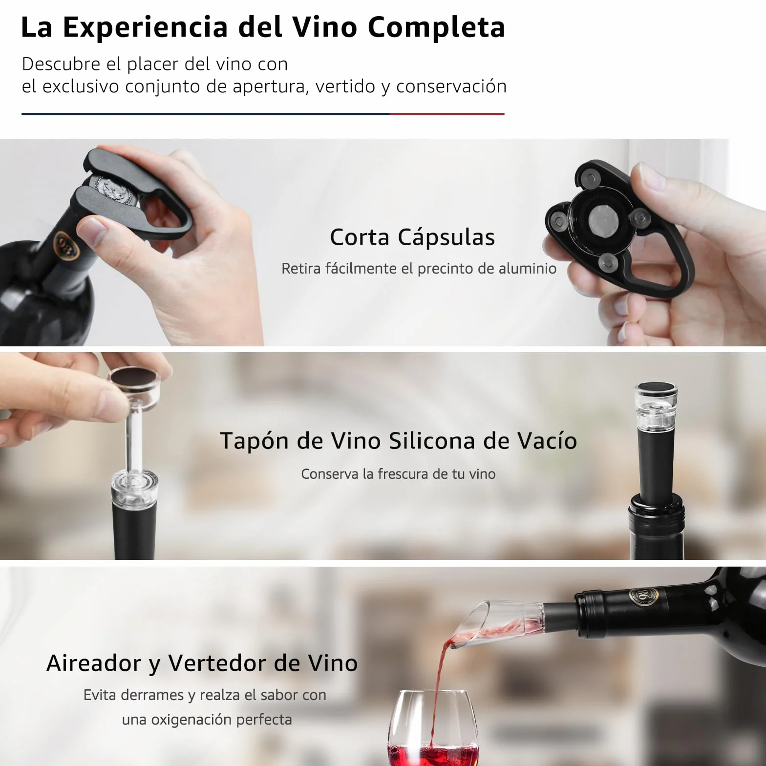 Flauno Sacacorchos Eléctrico 6 en 1 Recargable con Abridor de Vino, Corta Cápsulas, Vertedor y Tapón