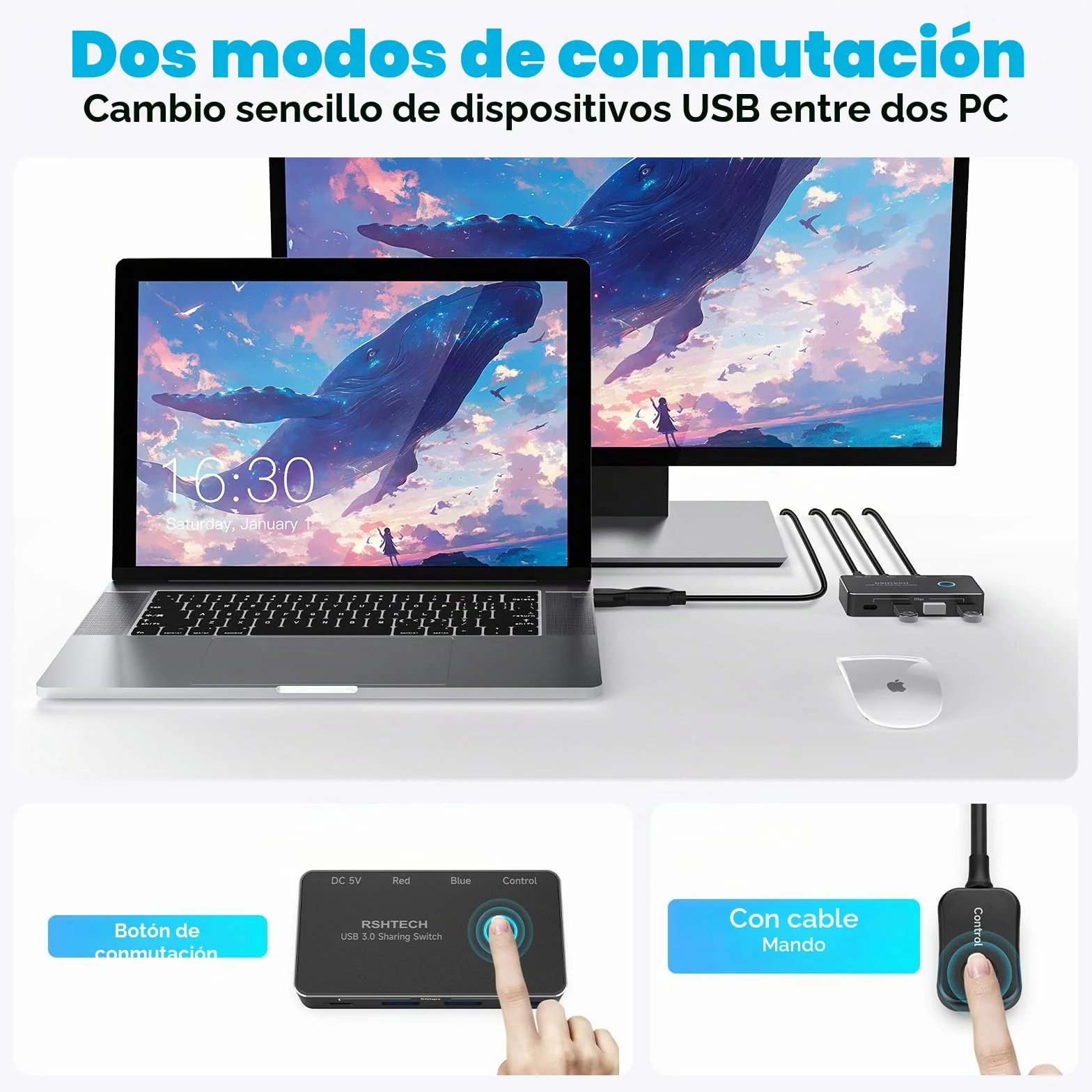 RSHTECH Switch USB 3.0/USB-C para 2 Computadoras Que Comparten 4 Puertos de Datos USB 3.0 (1C+3A), Selector Conmutador USB con 2 Cables y Control Remoto para PC, Portátil, Teclado, Ratón e Impresora