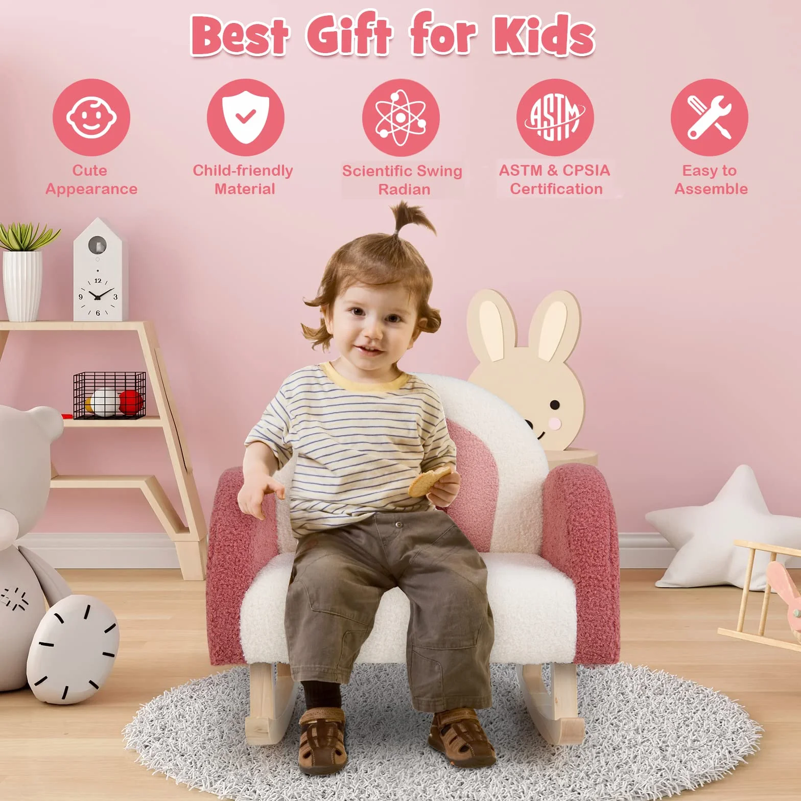 LIFEZEAL Sillón Infantil Mecedora para niños 3-5 años, Asiento Patas Madera Álamo, Antivuelco Rojo