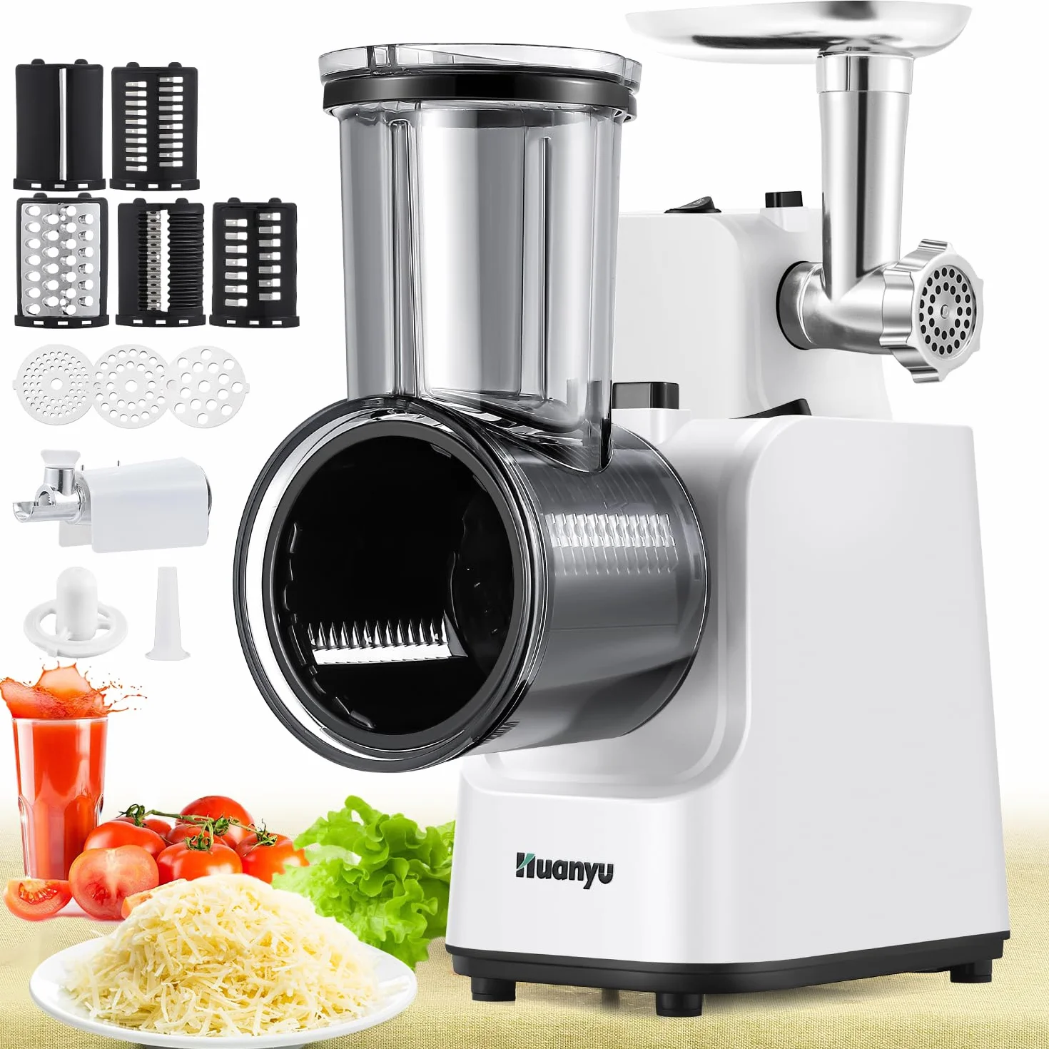 Huanyu Rallador Eléctrico Multifuncional 250W Cortador Verduras 5 Cuchillas Preparador Ensaladas Picador Carne