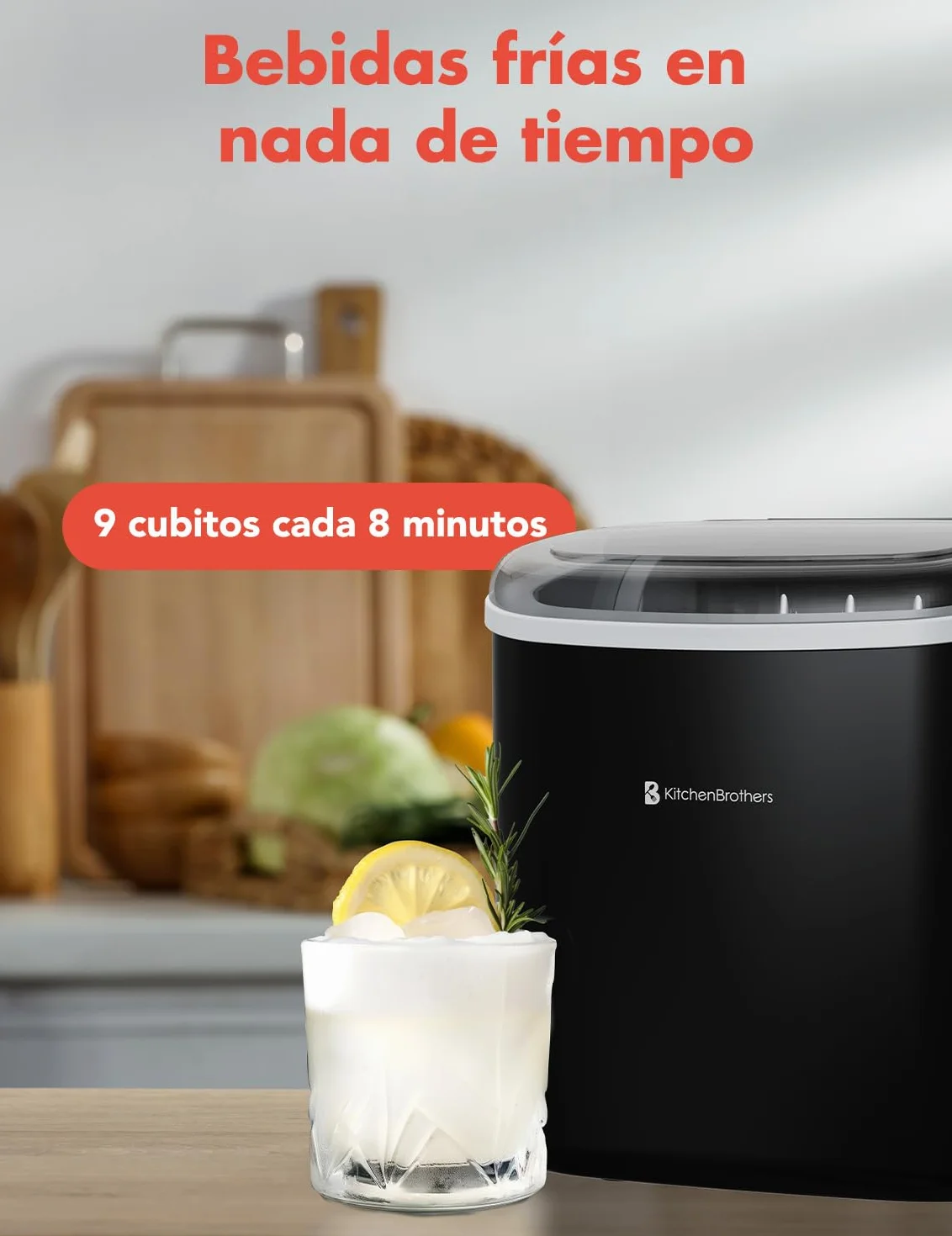 KitchenBrothers Ice Maker Portátil 1,2L - Máquina de Hielo 9 Cubitos en 8 Min con Pala