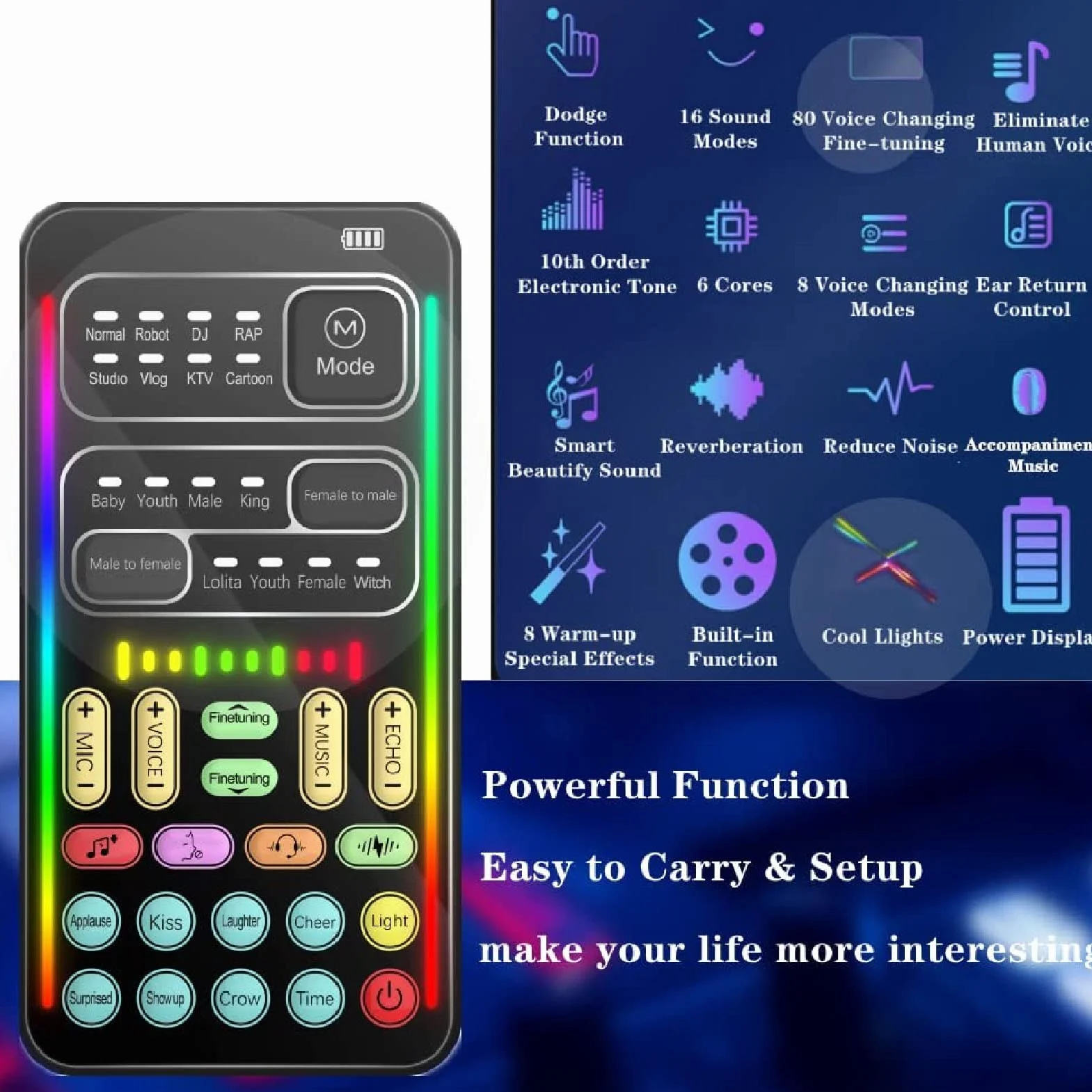 Cambiador de Voz Portátil, I9 Live Sound Card Micrófono de Mano Cambiador de Voz con 8 Efectos de Sonido, Disguiser de Sonido para PC Teléfonos Portátiles