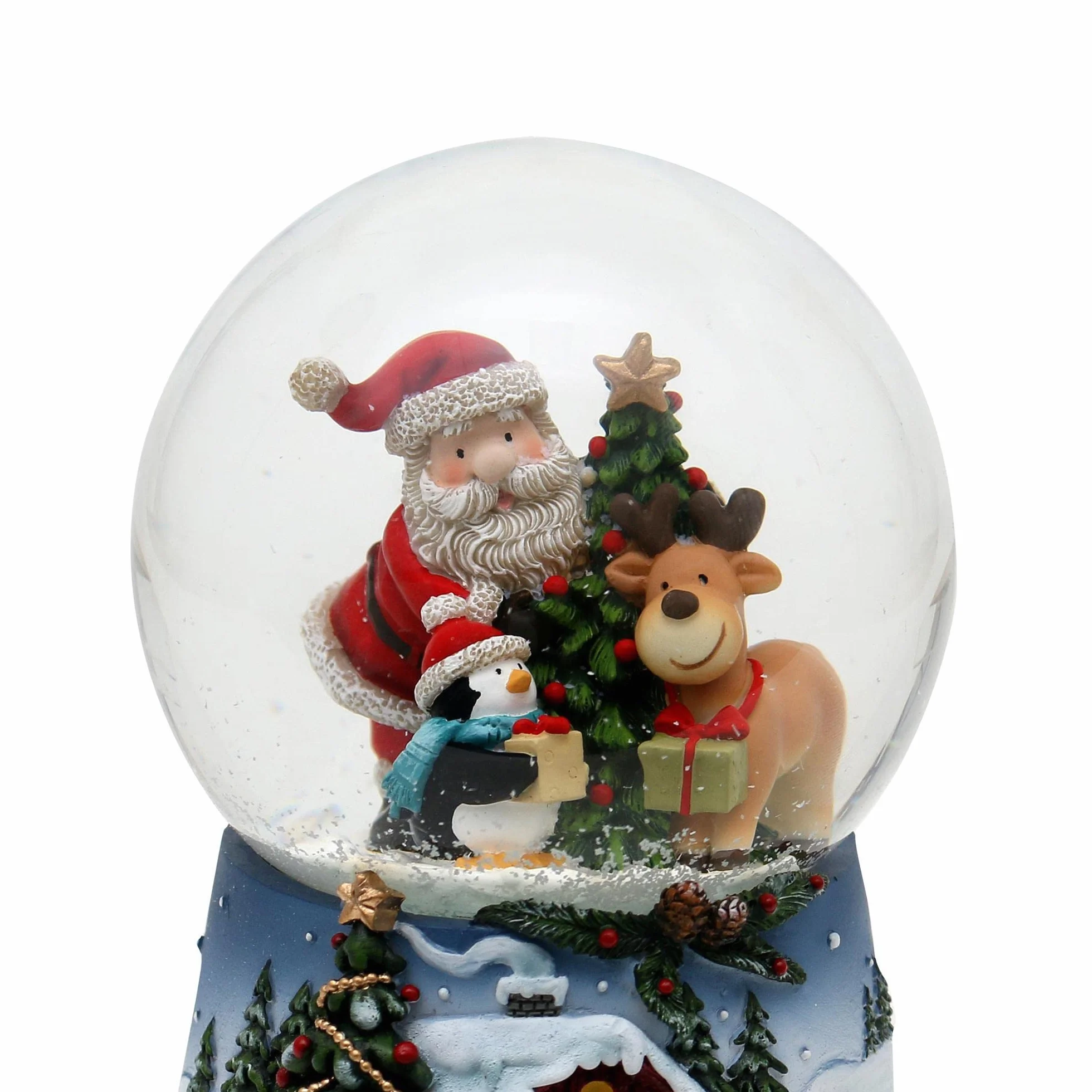 Dekohelden24 Bola de Nieve Santa Reno Pingüino Base Azul Paisaje Navideño Mecanismo Musical White Christmas