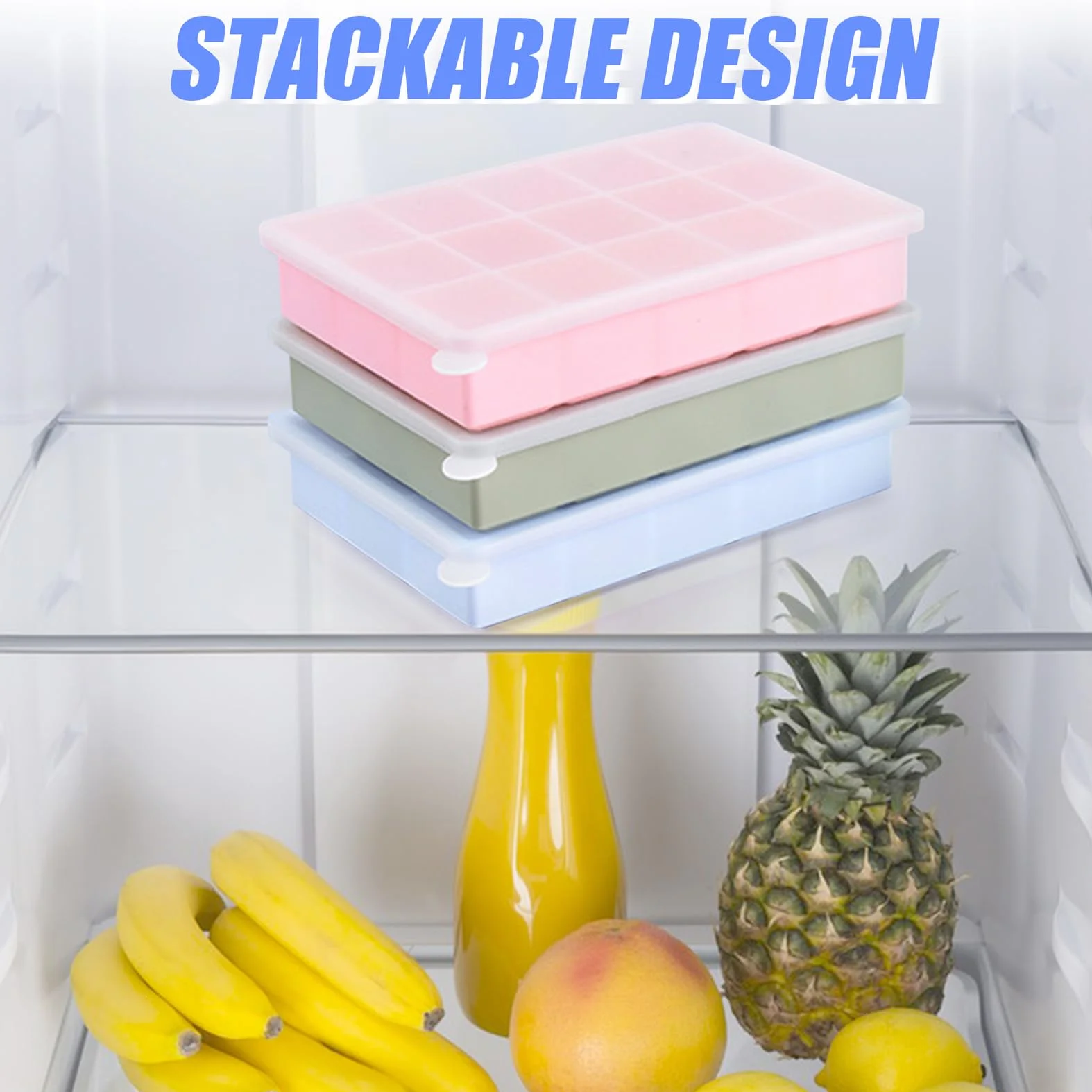 Cubiteras para Hielo con Tapa, Moldes de Silicona Apilable, sin BPA, 3 Piezas