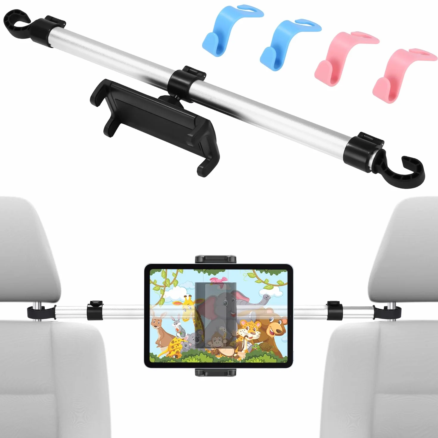 Soporte de metal para tablet para coche, antivibración, con 4 ganchos para el asiento del coche, soporte universal ajustable para tablet de 4,5 a 13 pulgadas, iPad Mini Air Pro 12,9 11, Switch
