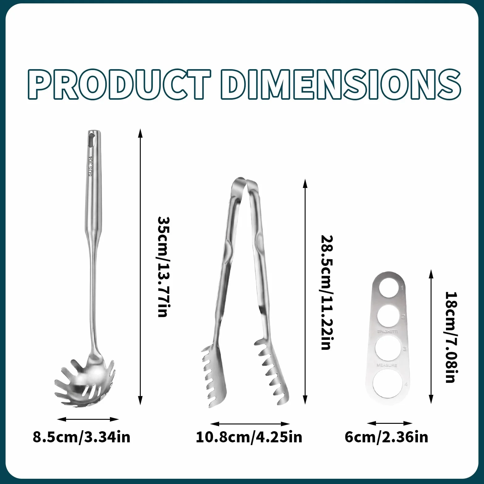 Juego de 3 Utensilios para Pasta de Acero Inoxidable 304 - Cuchara para Espaguetis, Pinzas Dentadas y Medidor de Raciones