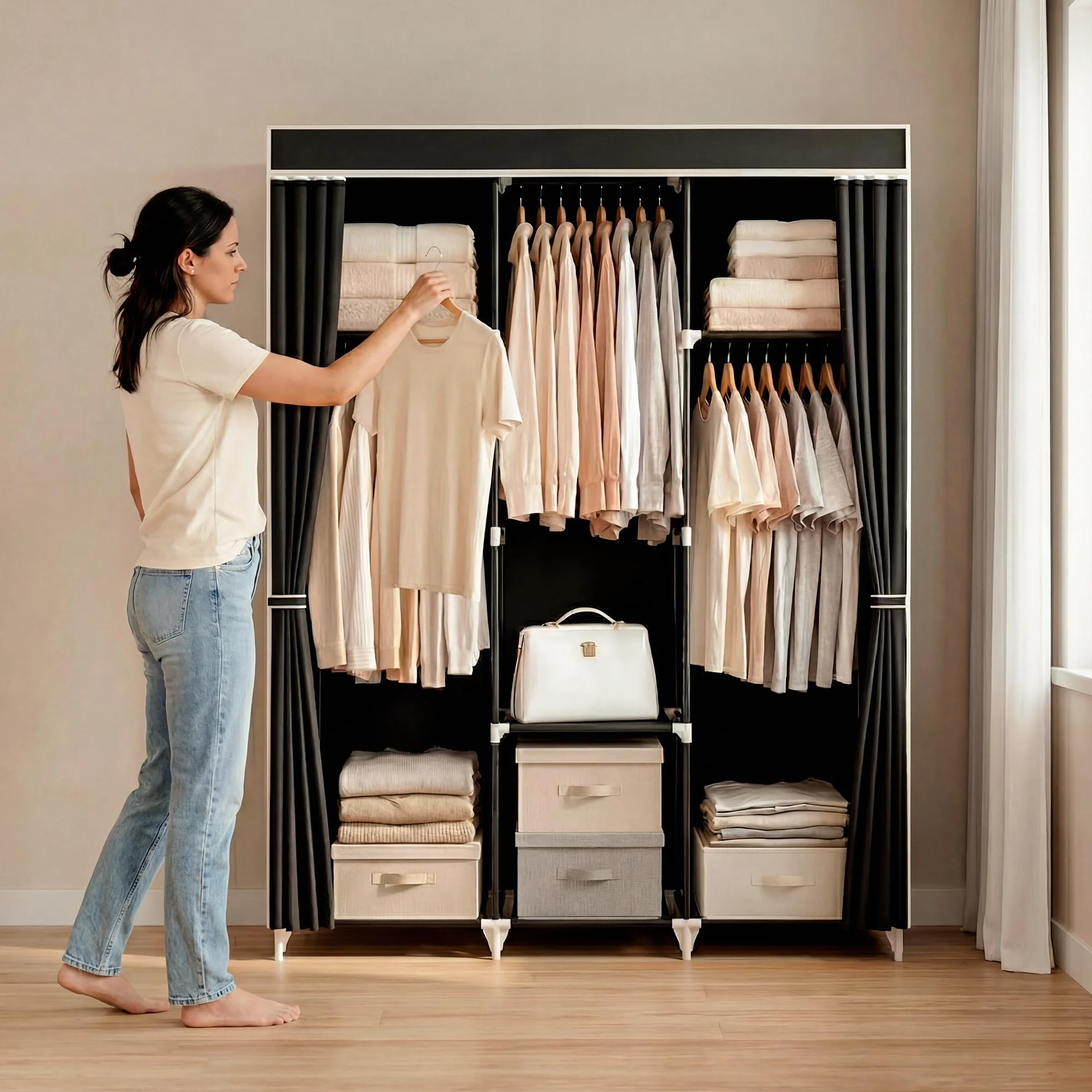 JUPPLIES Armario de Tela Portátil 45x127x168 cm Estanterías Bolsillos Laterales Barras Colgar Ropa Plegable Ligero