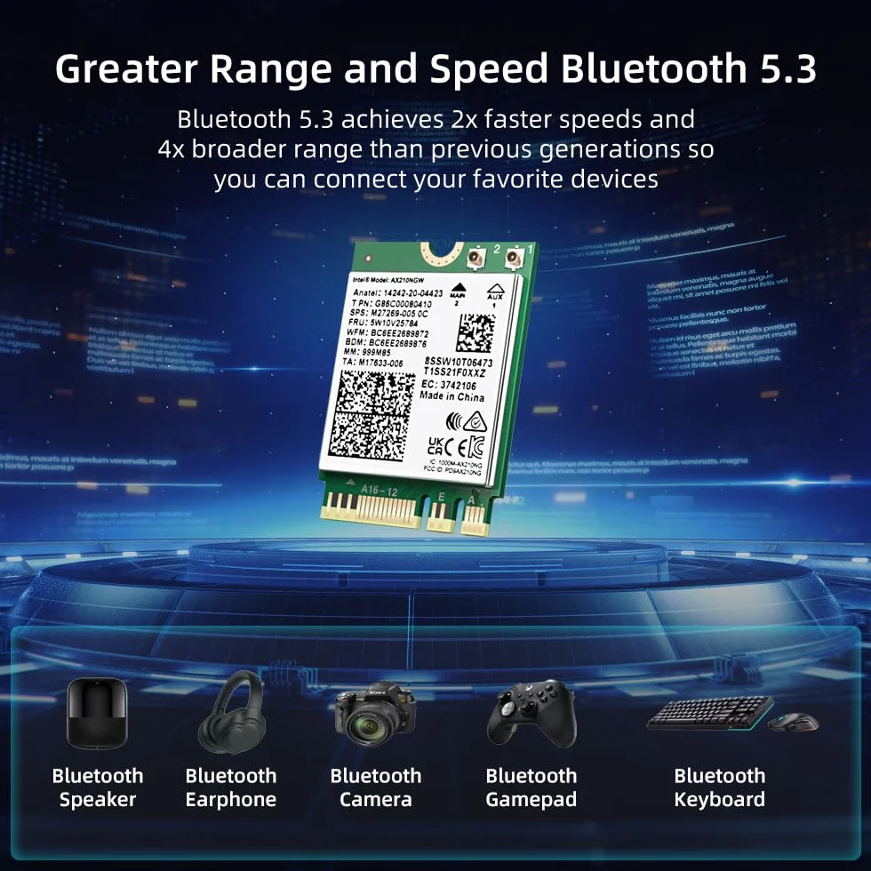 AX210 Tarjeta Inalambrica WiFi 6E Bluetooth 5.3 Tri-Band 5400mbps Tarjeta WiFi para Portatil Compatible Windows 10/11 (64bit) M.2/ngff