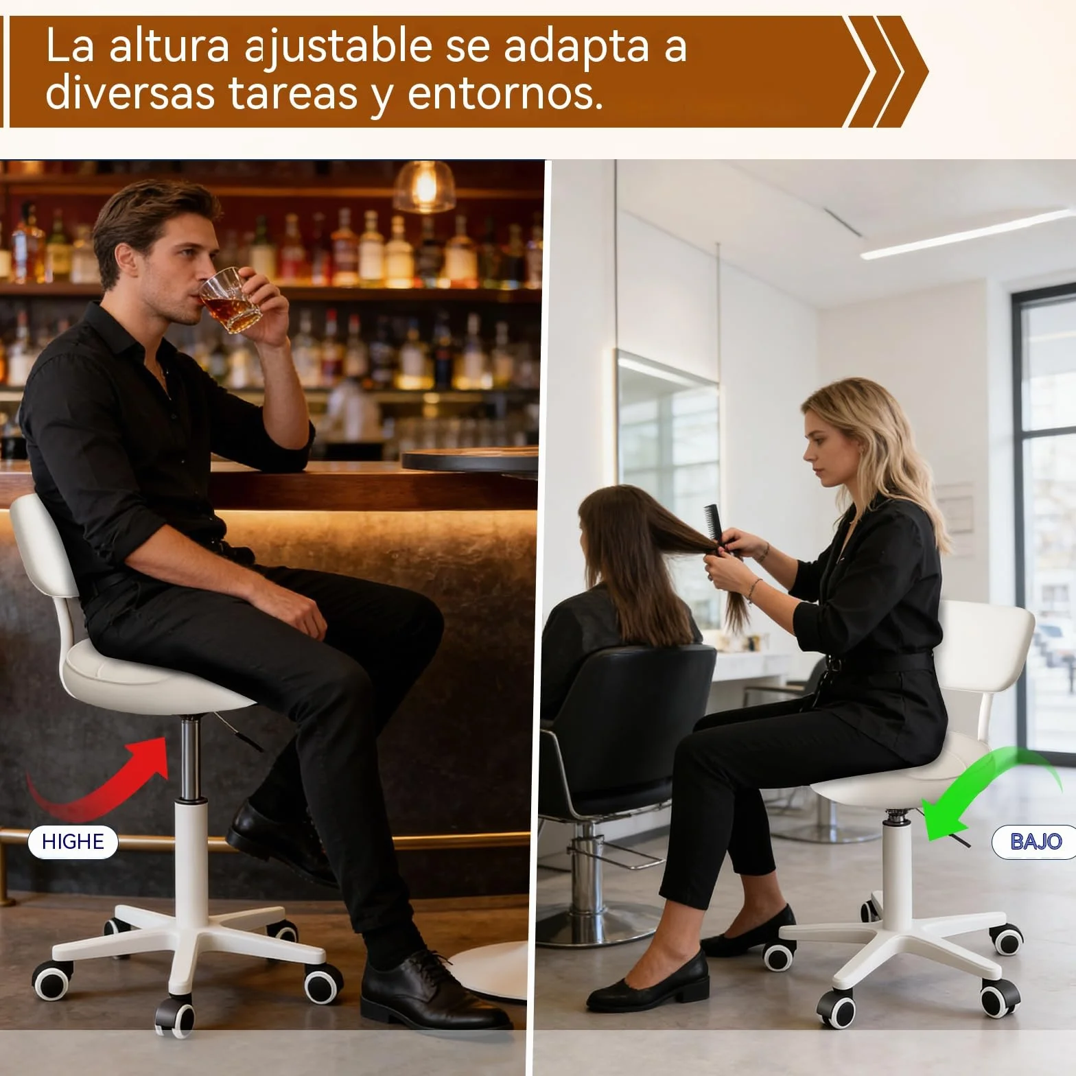Taburete Giratorio Ergonómico con Respaldo y Ruedas para Peluquería, Dental y Oficina