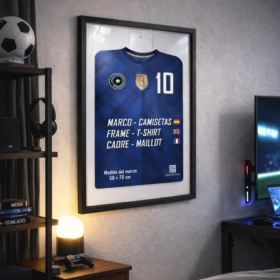 Marco para Camiseta de Fútbol 58x78 cm con soporte de Metacrilato Negro fondo negro