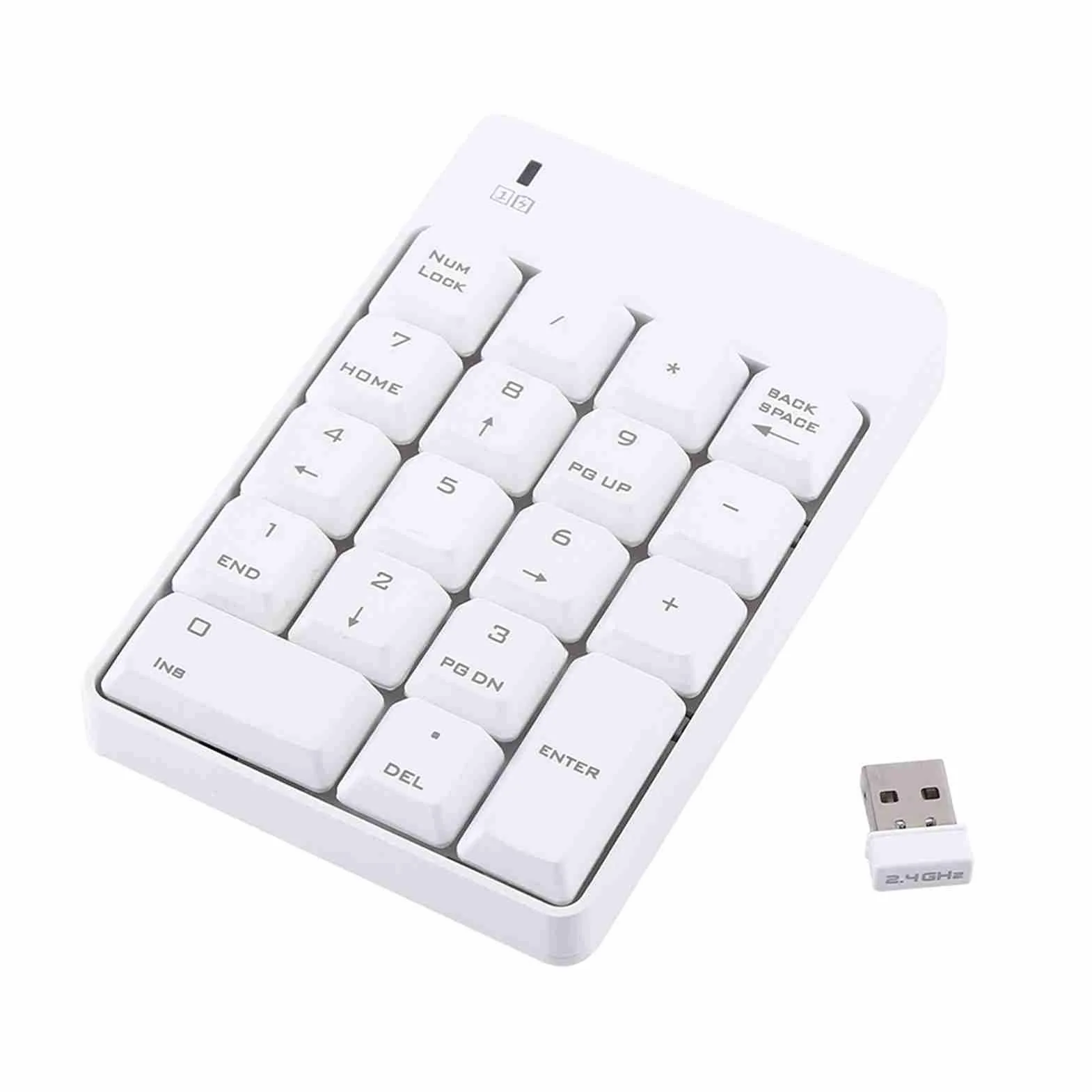Teclado Numérico USB Inalámbrico de 2,4 GHz Teclado Numérico Número 18 Teclas Mini Teclado Portátil con Receptor USB para Computadora Portátil PC de Escritorio Batería No (Blanco)