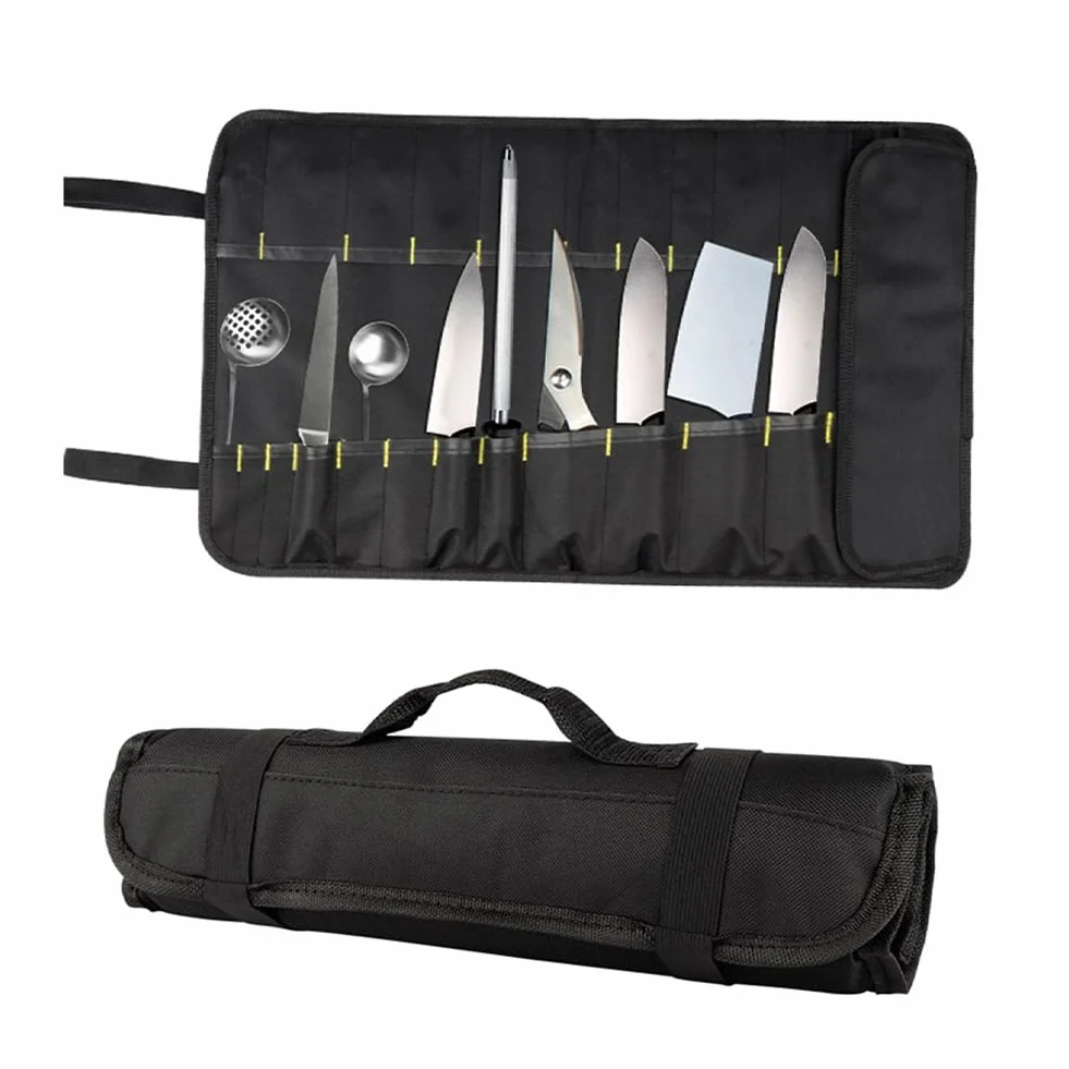 Bolsa para Cuchillos de Chef，35,5 * 57 cm con 20 Ranuras Protectores de Rollo de Almacenamiento de Cubiertos Portátiles Multifuncionales para el Hogar Cocina Viajes y Campamentos Sostiene