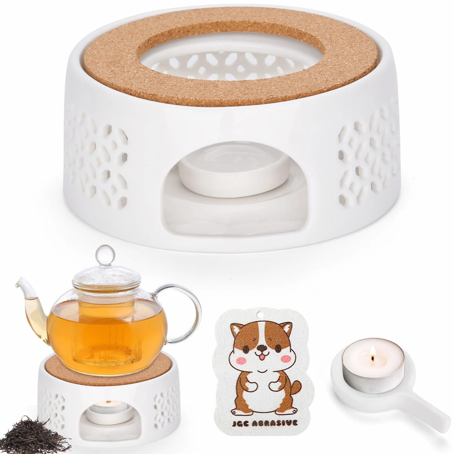 Calentador de Tetera,Calentador de Té de Cerámica con Portavelas y Esponja de Limpieza,Diseño Hueco Tallado,Base Calentador de Té para Mantener Caliente el Té,el Café y la Leche